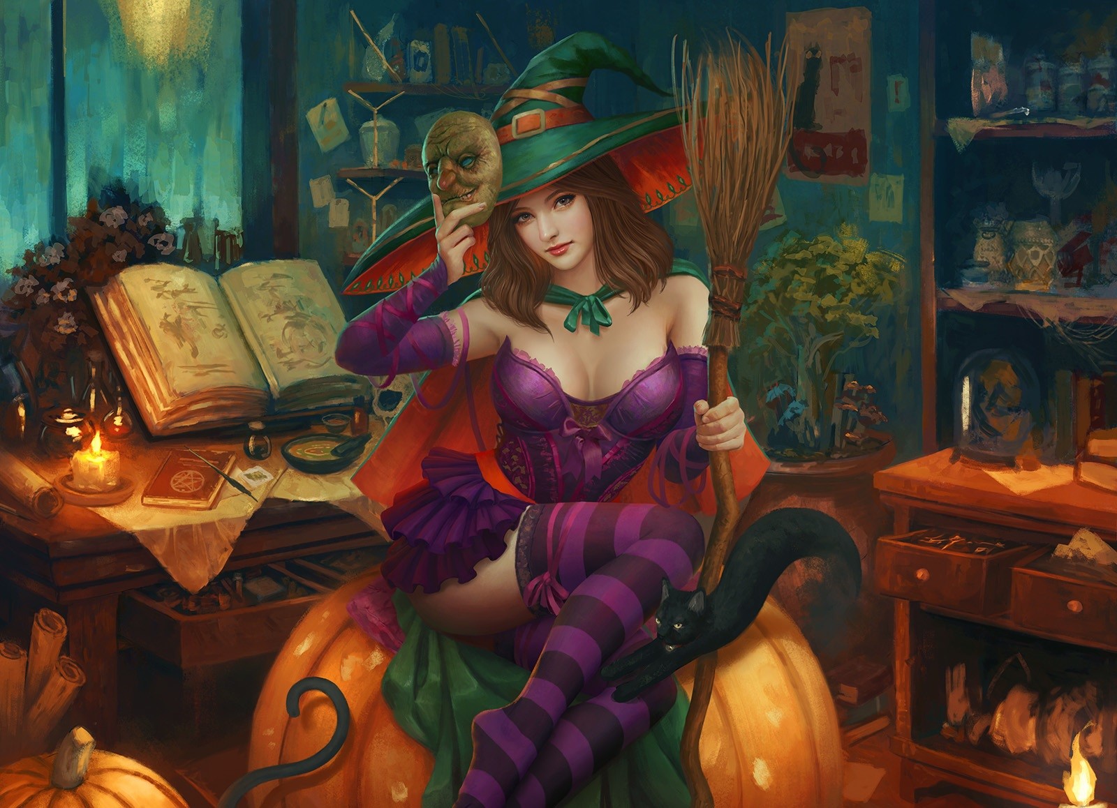 Witch with mask and broom sitting on pumpkin HD Wallpaper