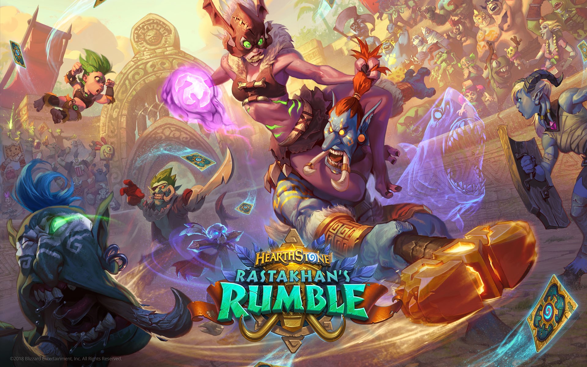 Hearthstone Rastakhan's Rumble characters fighting HD Wallpaper