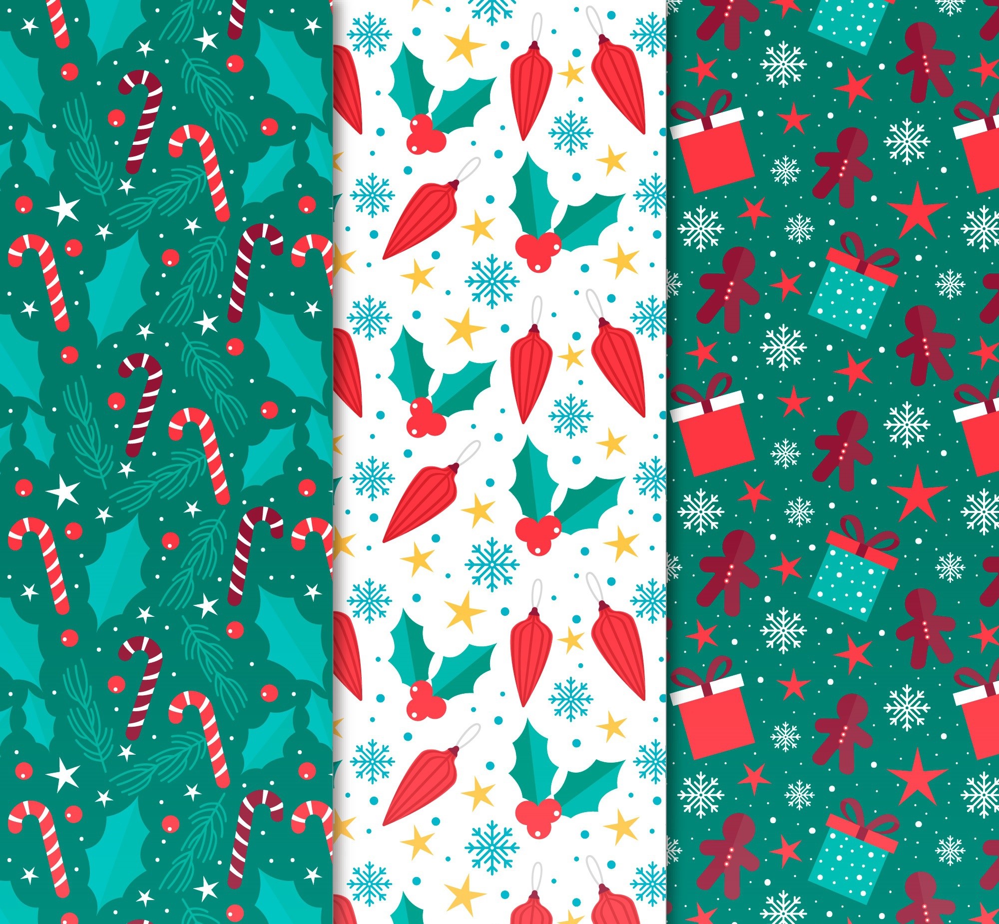 Christmas patterns with candy canes, ornaments, and gifts HD Wallpaper