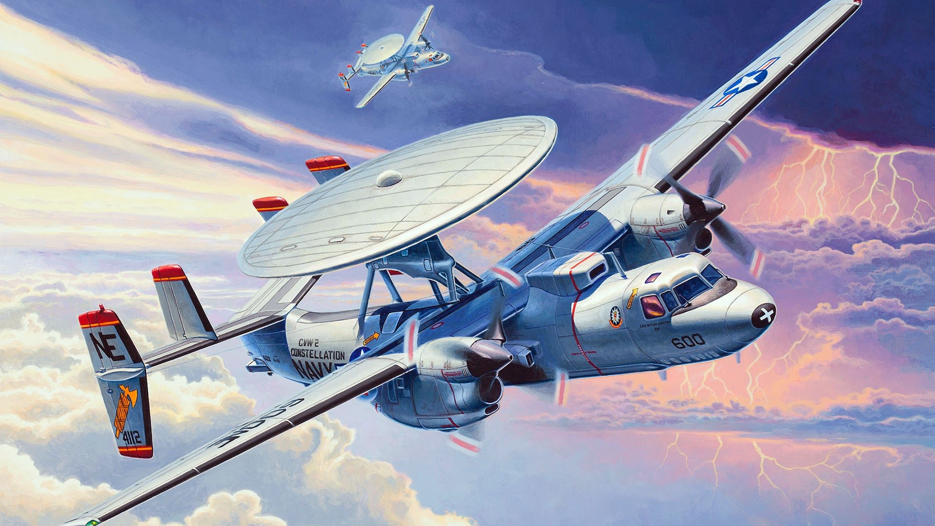 Grumman E-2 Hawkeye aircraft in stormy skies HD Wallpaper
