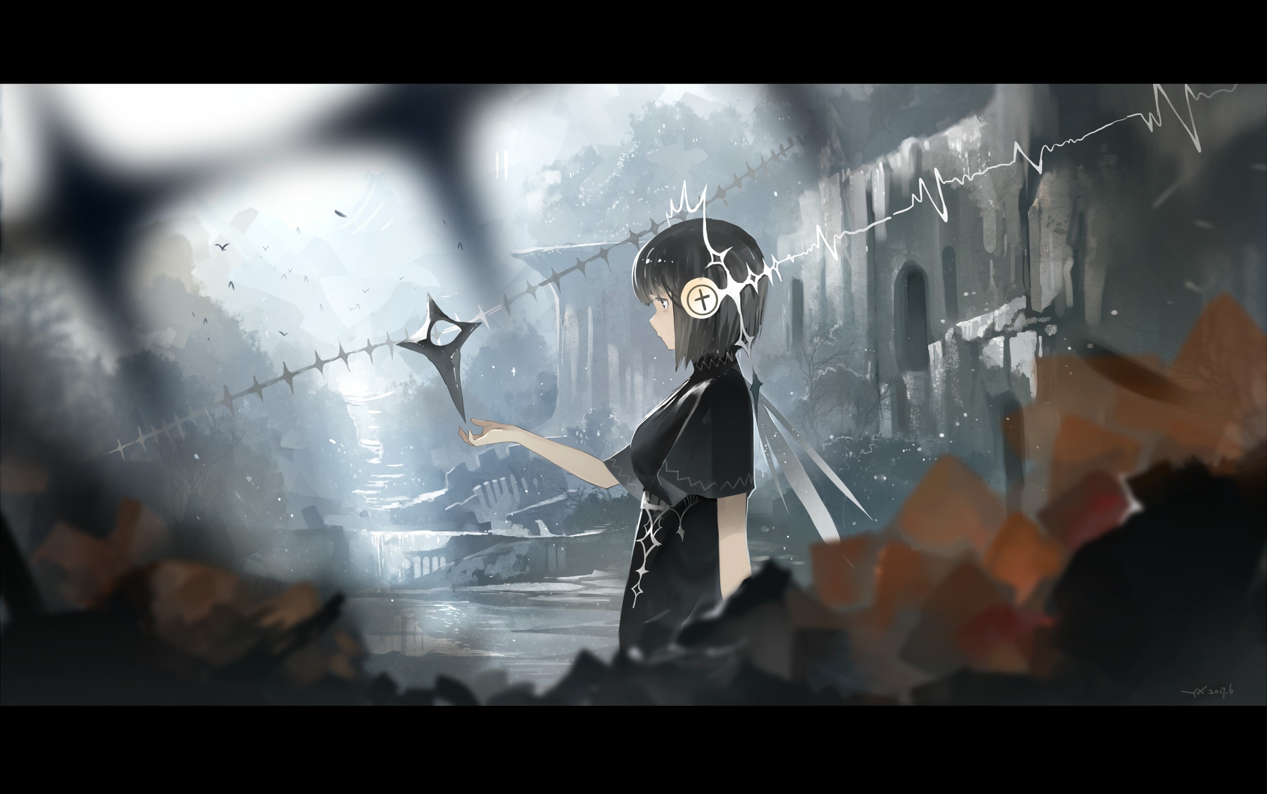Anime girl with headphones holding a star-shaped object HD Wallpaper