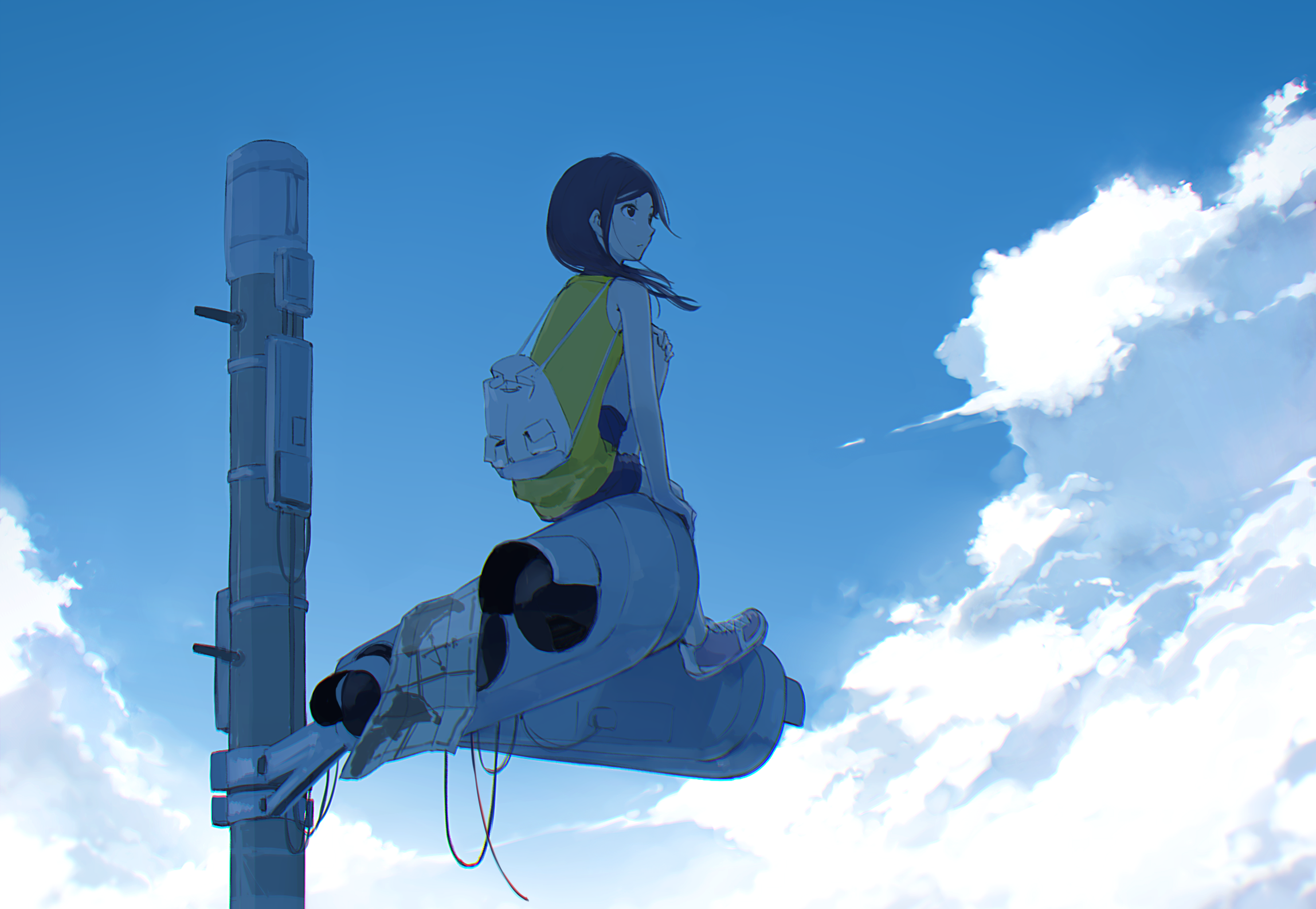 Anime girl sitting on a strange device on a pole HD Wallpaper