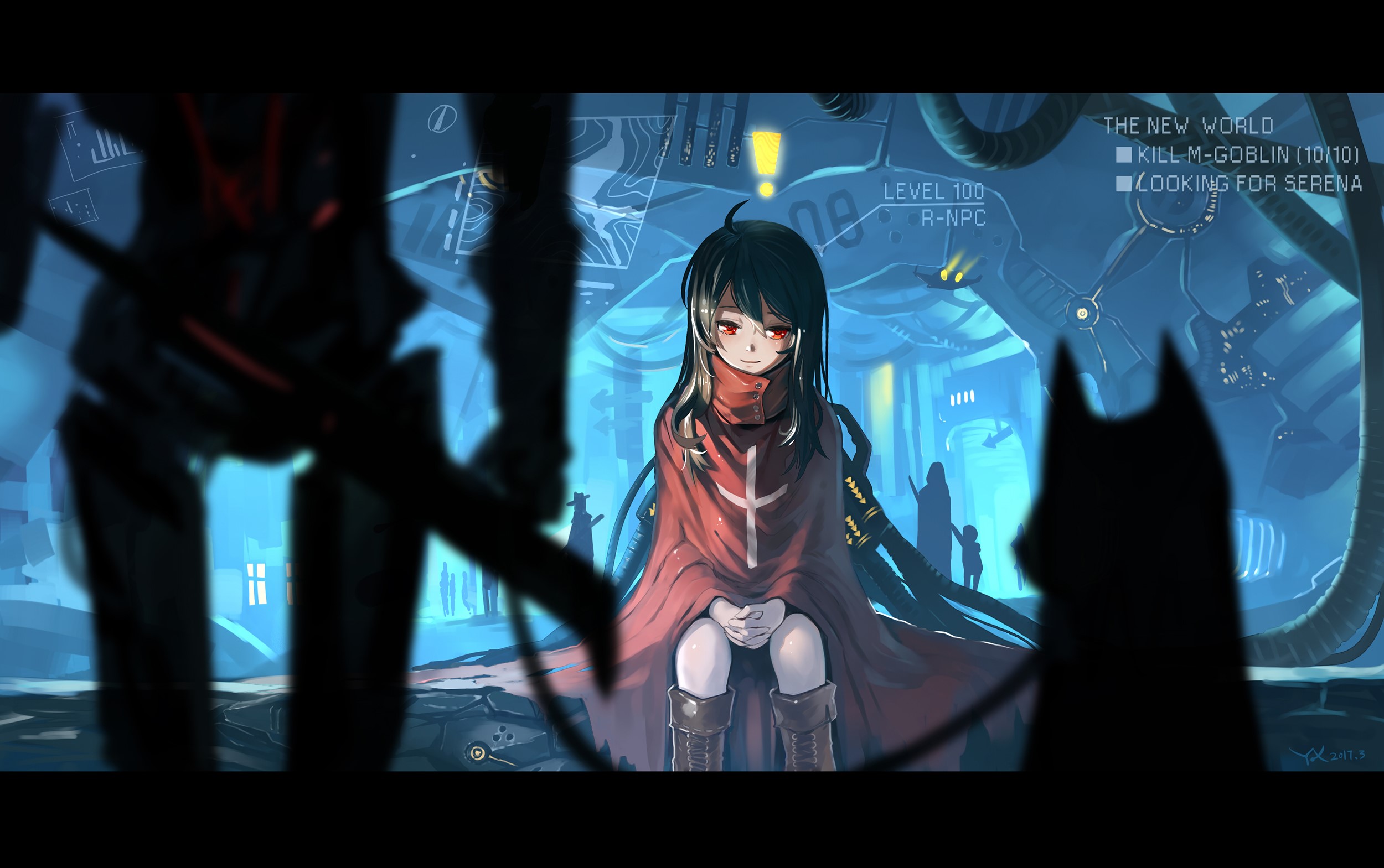 Anime girl with red eyes in a futuristic setting HD Wallpaper