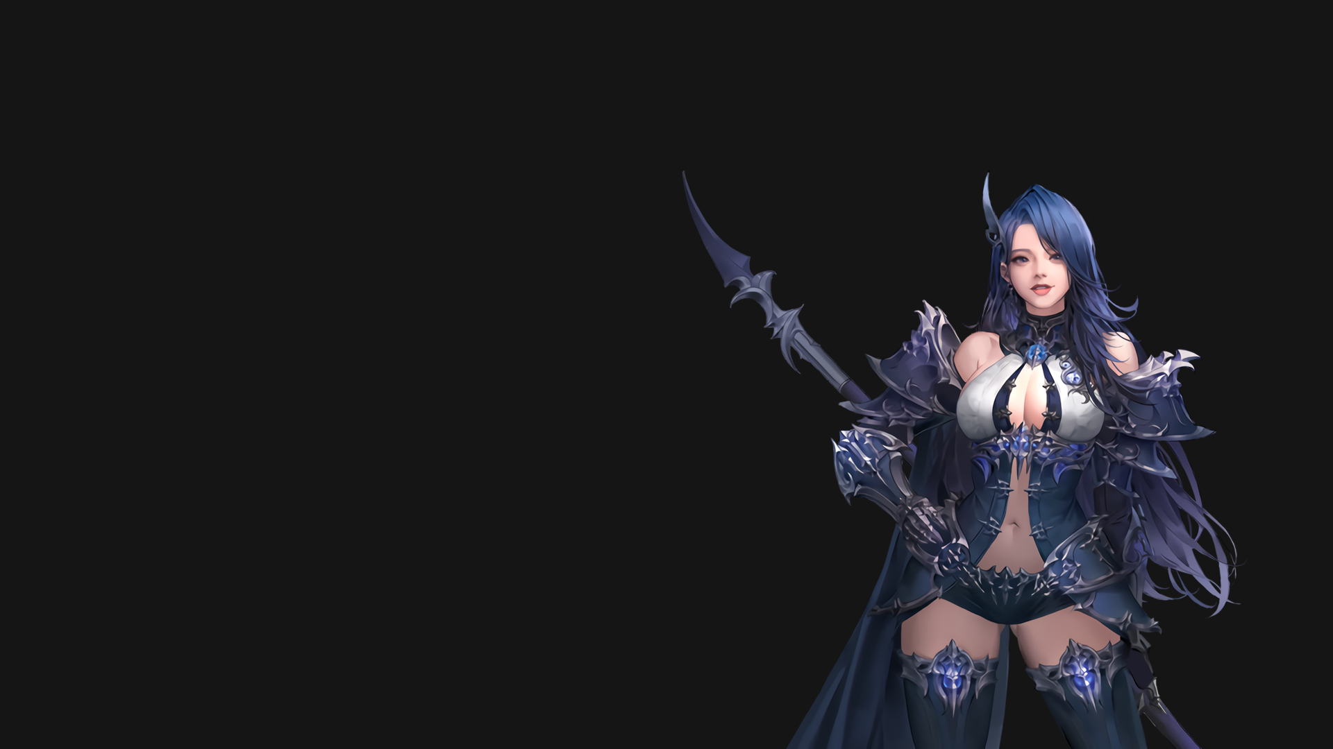 Woman with blue hair and armor holding a spear HD Wallpaper