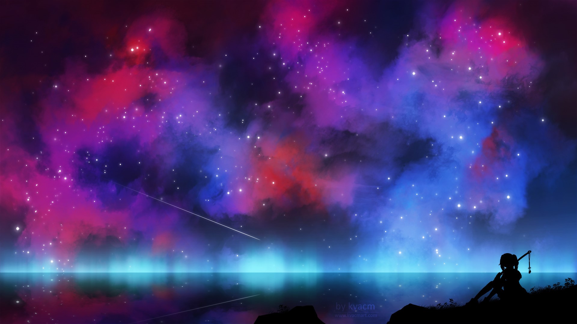 Anime girl sitting by the sea under a colorful starry sky HD Wallpaper