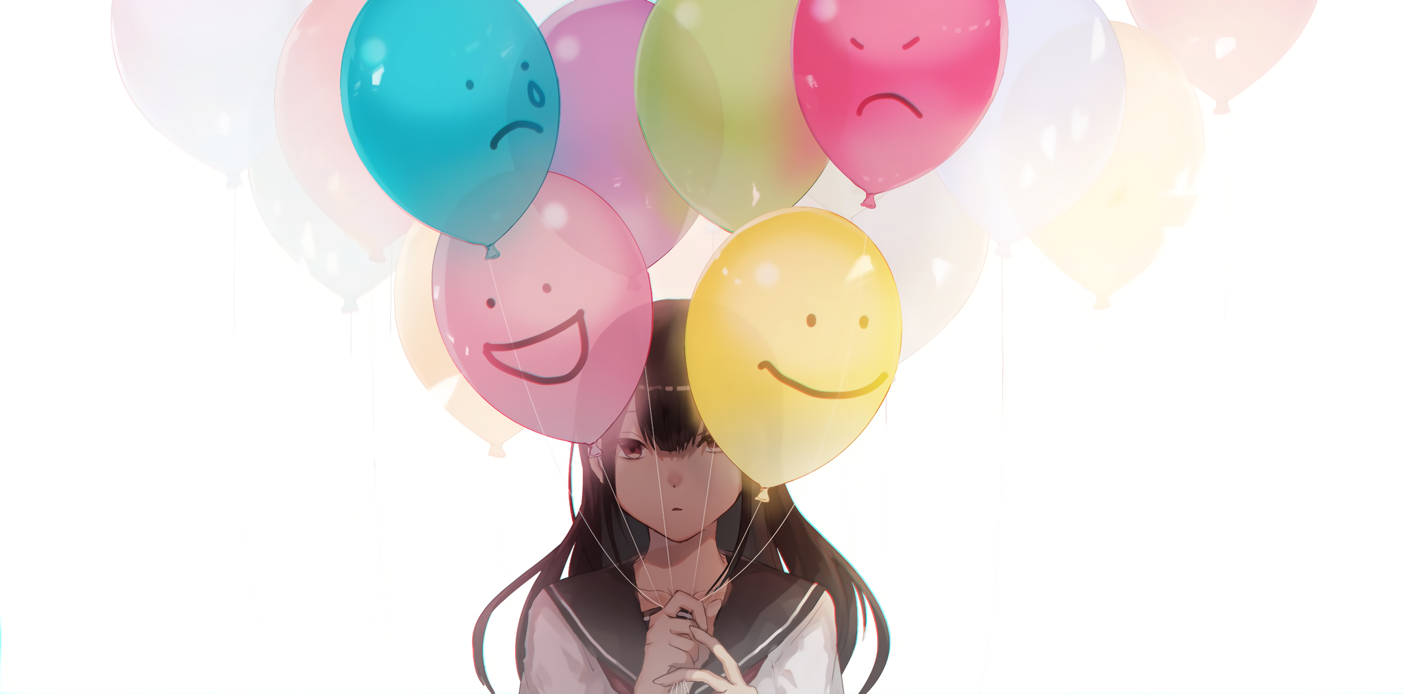 Anime girl holding balloons with faces HD Wallpaper