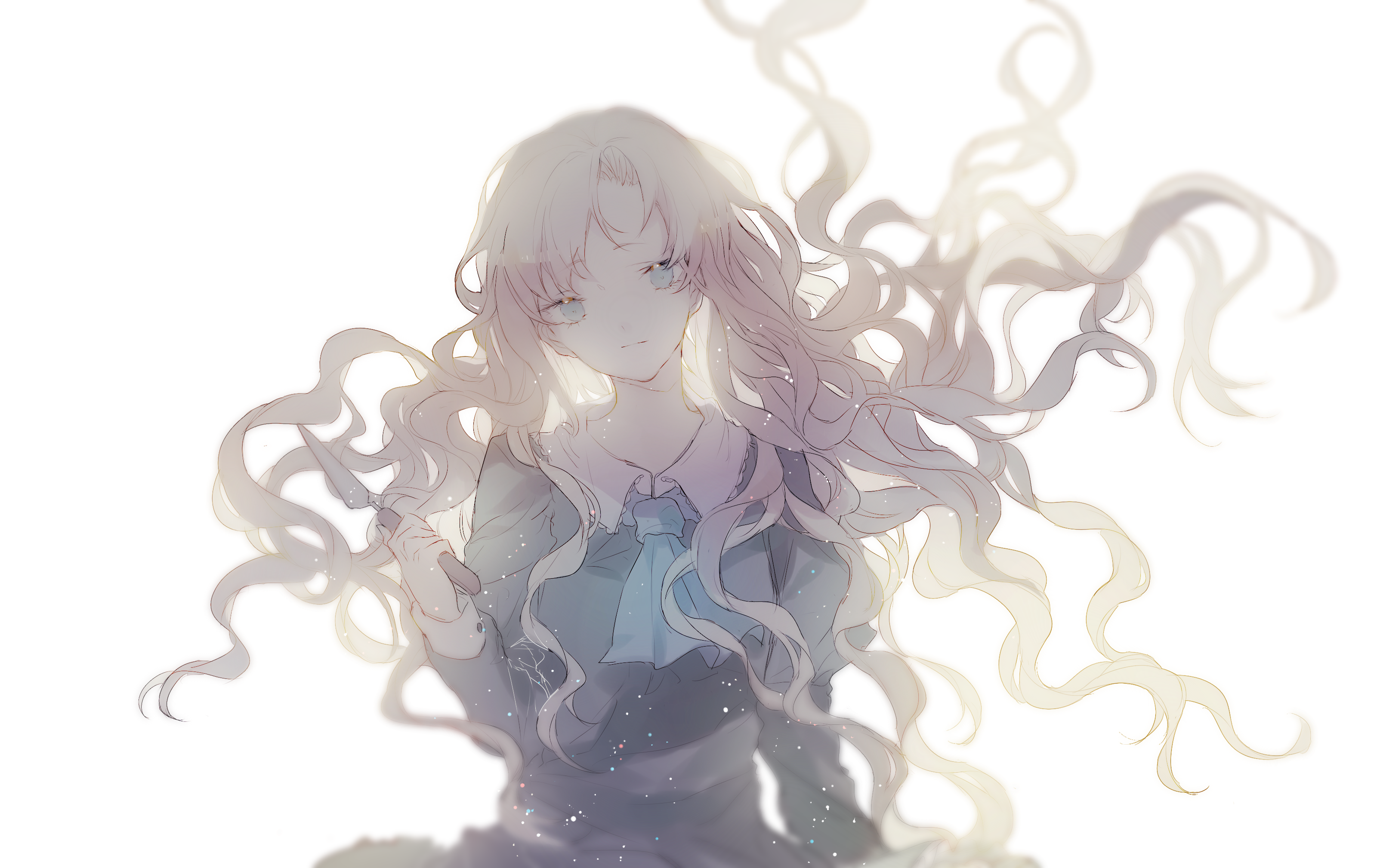 Anime girl with long wavy hair holding a knife HD Wallpaper