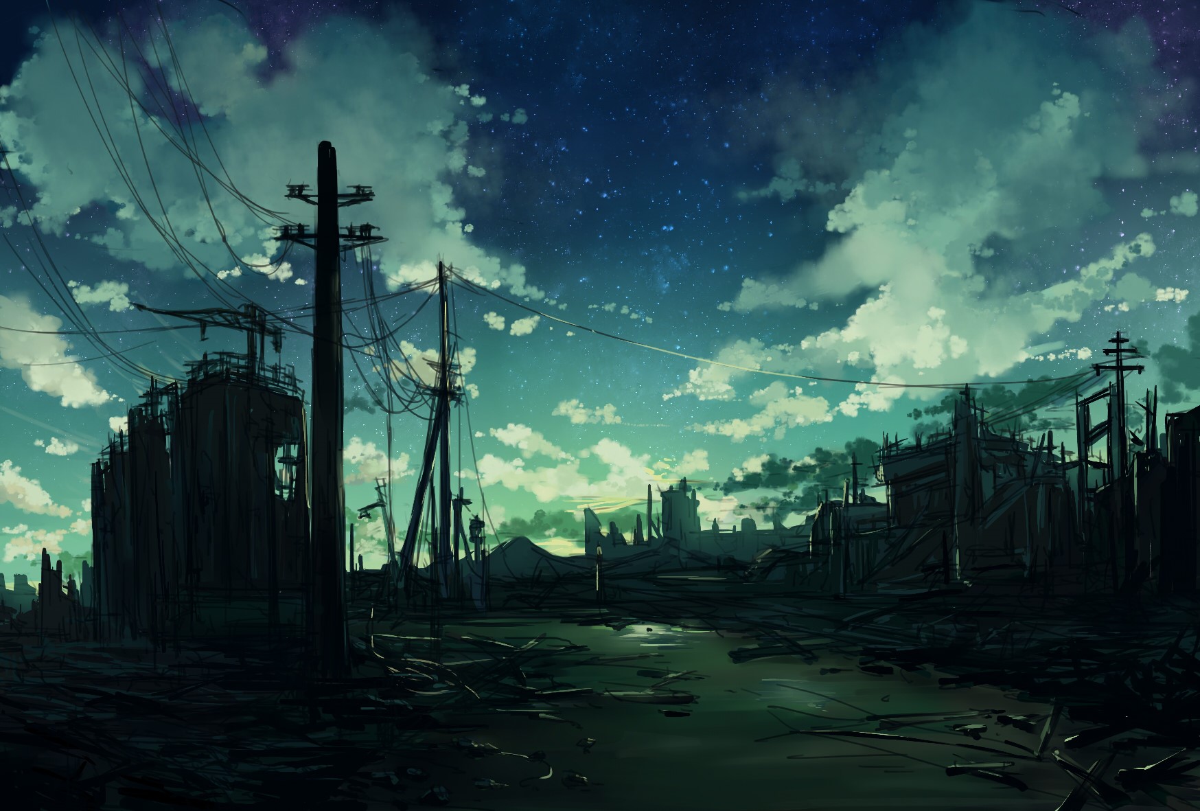 Ruined city under a starry night sky with clouds HD Wallpaper