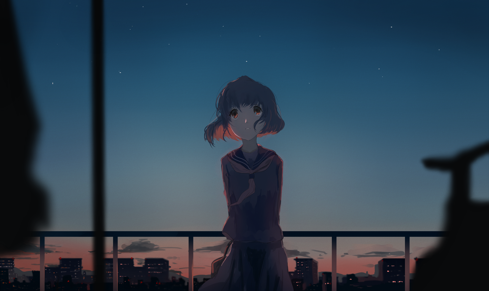 Anime girl on a balcony at dusk HD Wallpaper