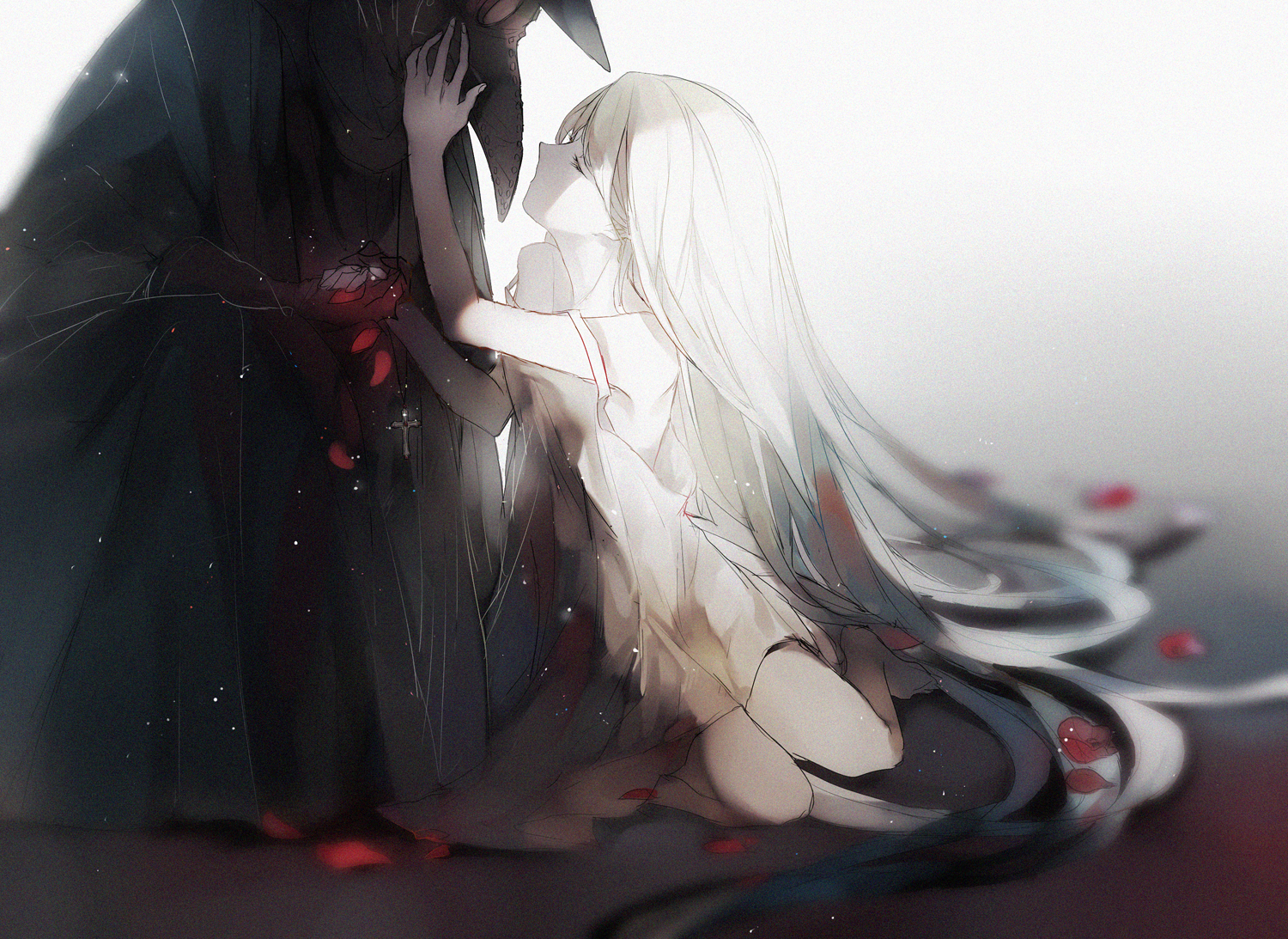 Anime girl in white dress with dark cloaked figure HD Wallpaper