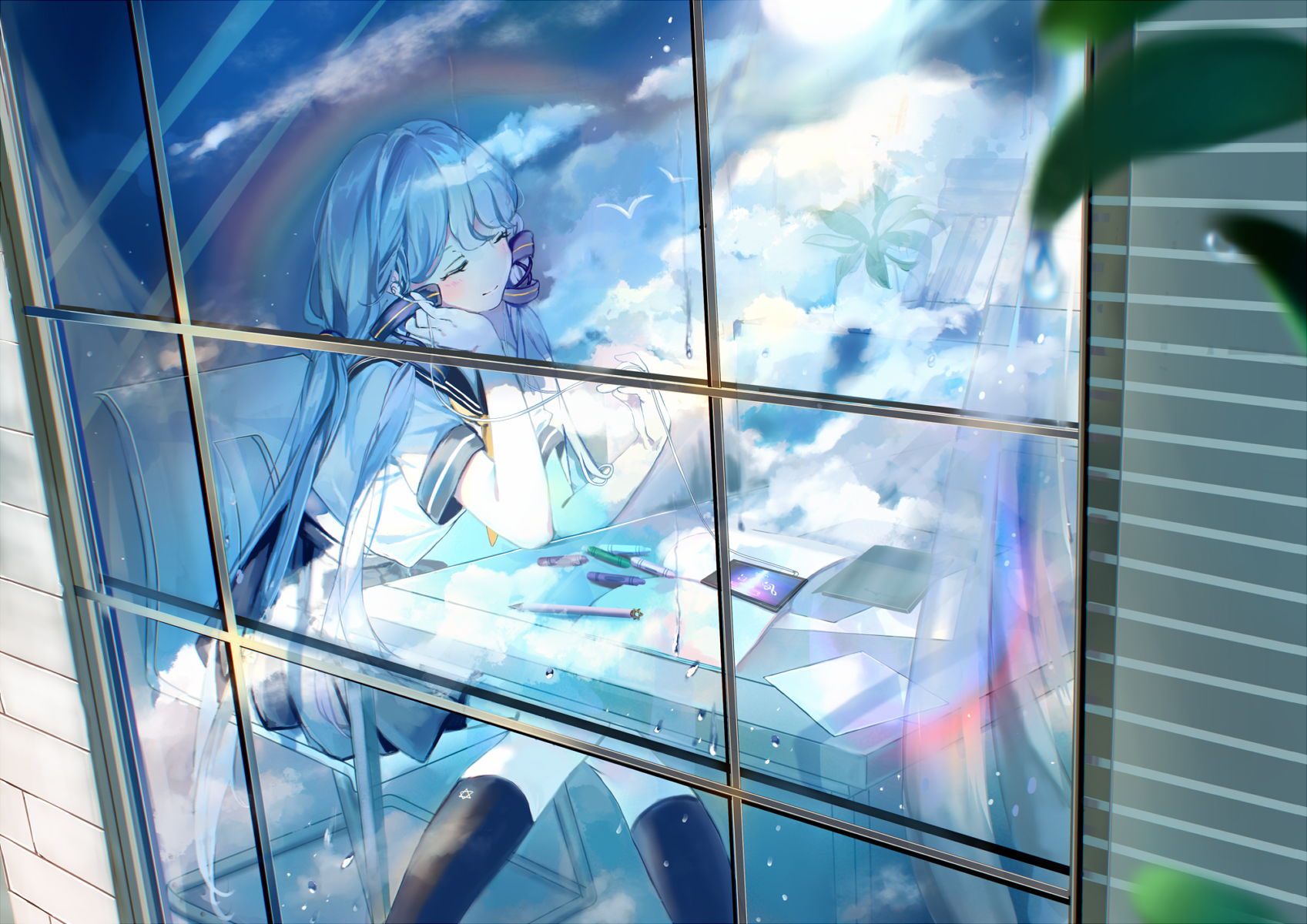 Anime girl with blue hair sitting by a window HD Wallpaper