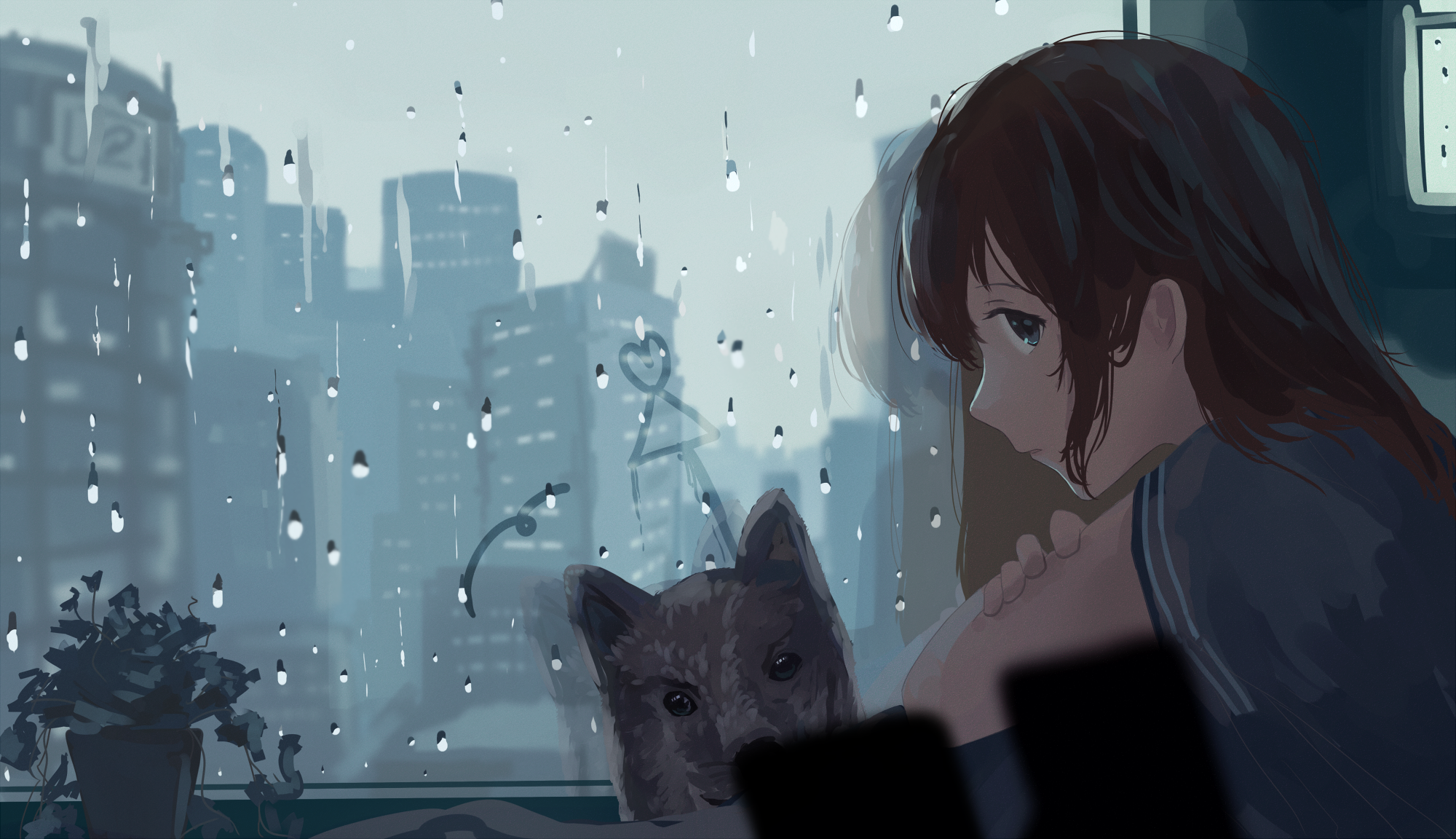 Anime girl and dog looking out window in rain HD Wallpaper