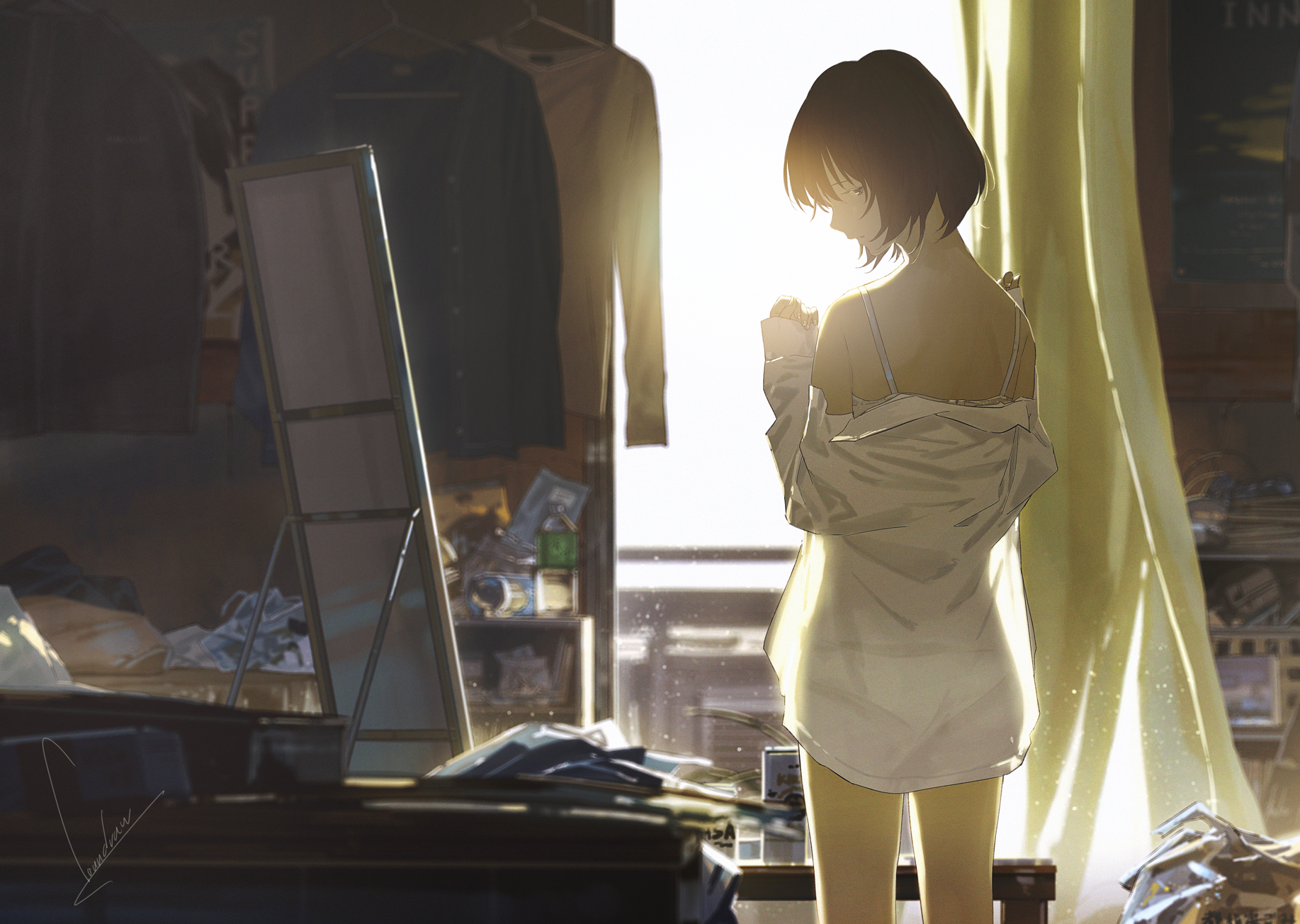 Anime girl with short hair in a room HD Wallpaper