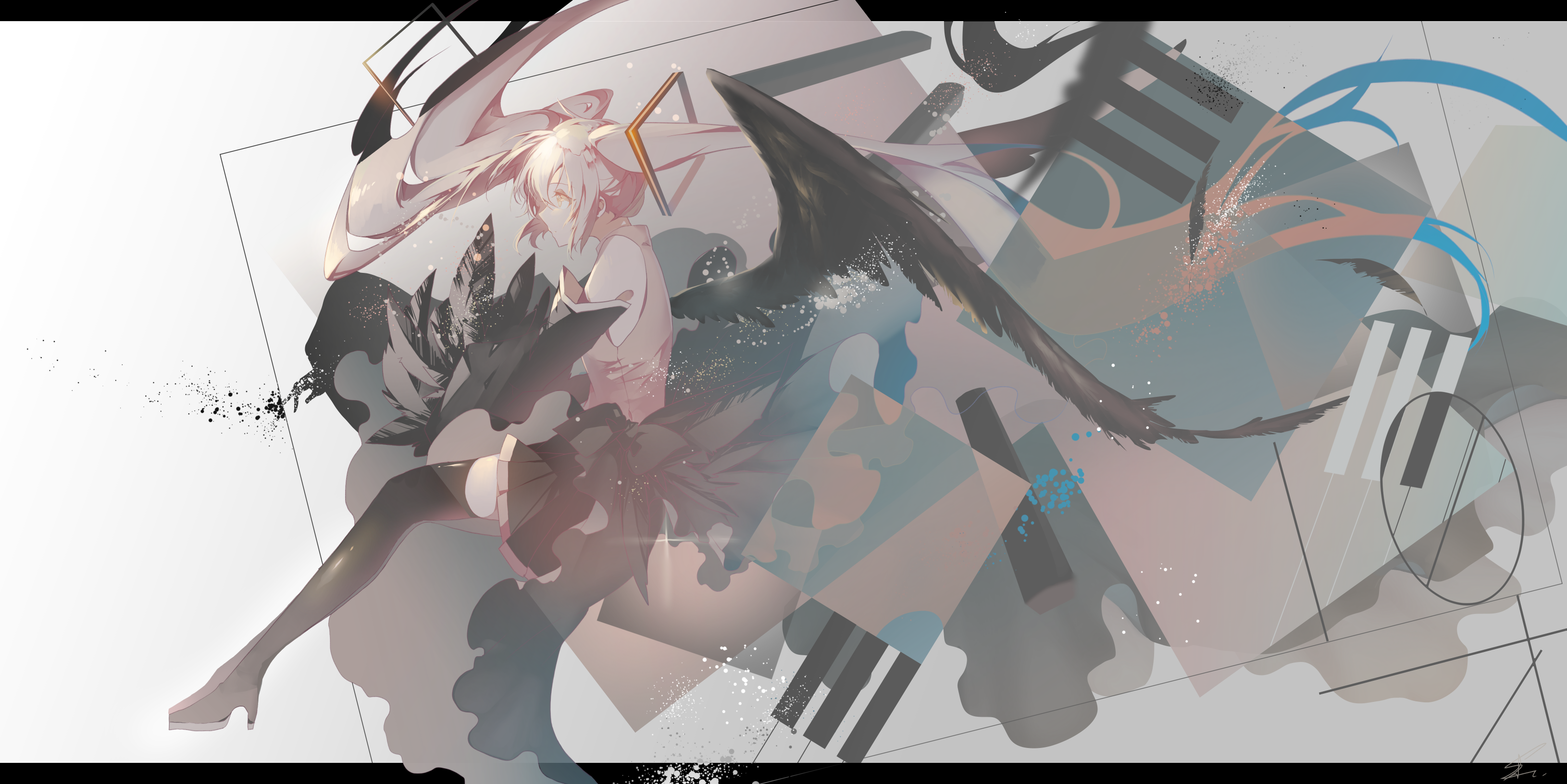 Hatsune Miku with black wings and abstract art HD Wallpaper