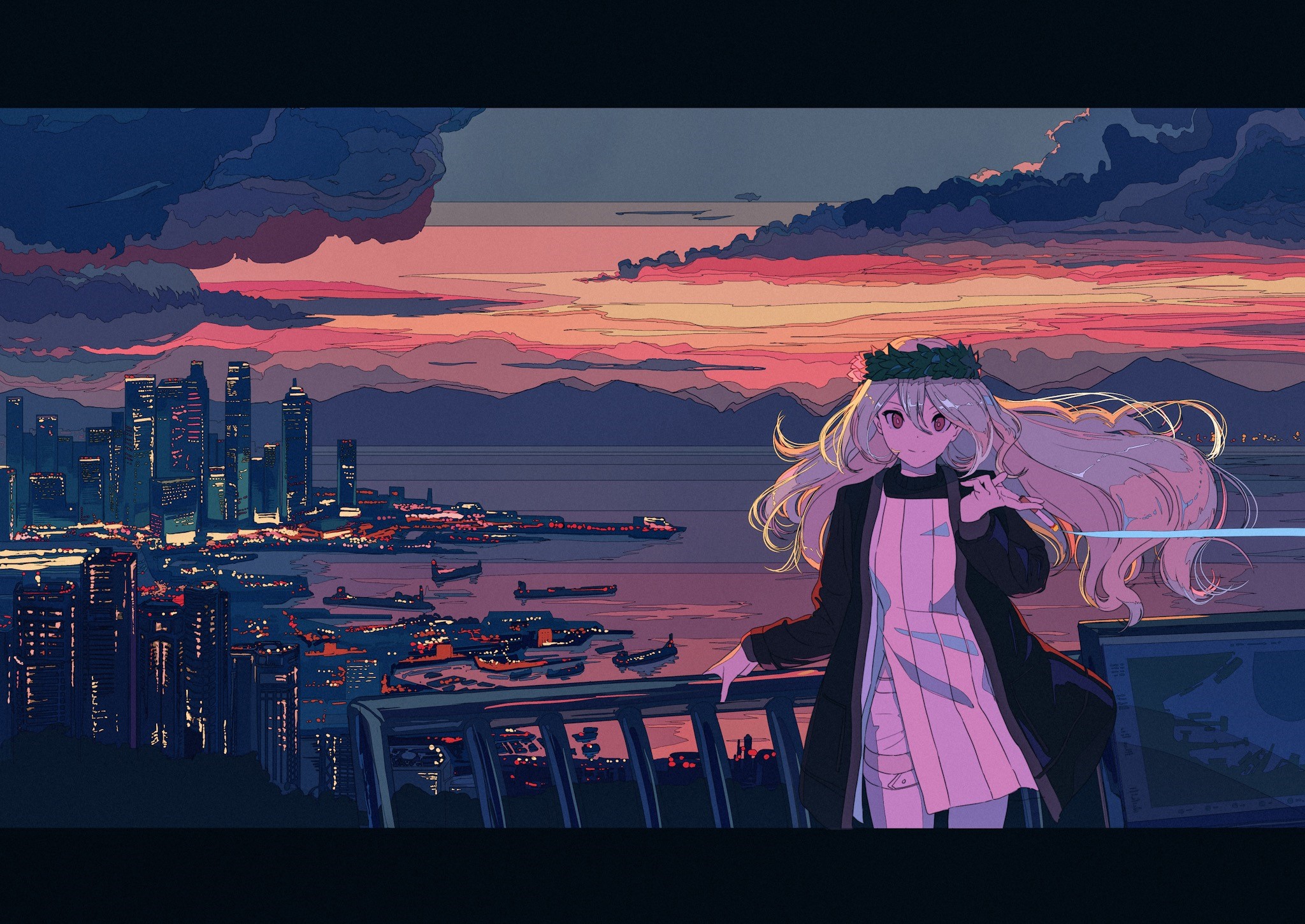 Anime girl with long hair on a balcony overlooking a cityscape at sunset HD Wallpaper
