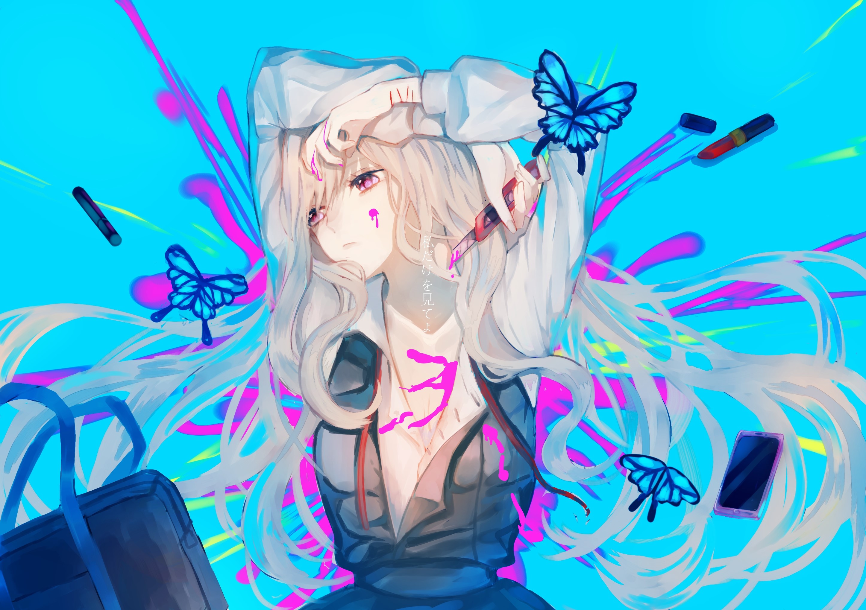 Anime girl with pink eyes and white hair holding a knife HD Wallpaper