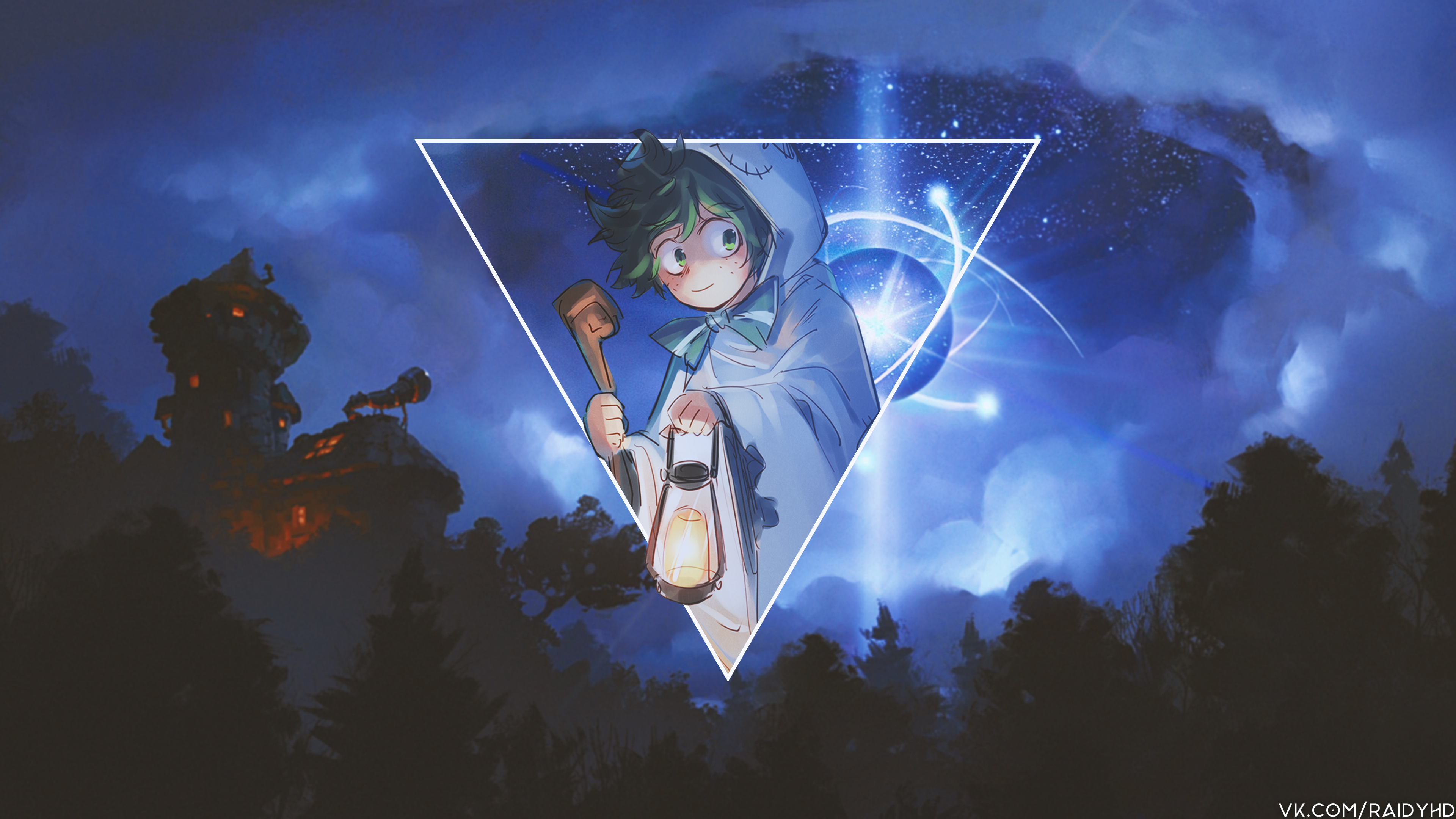 Anime boy with lantern in starry night HD Wallpaper