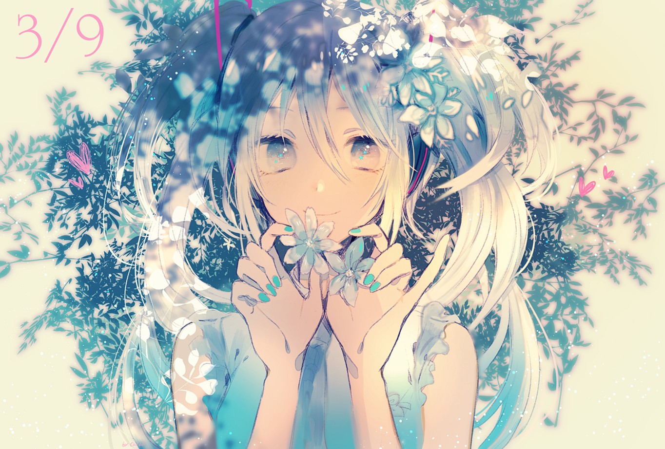 Anime girl with flowers in hair and painted nails HD Wallpaper