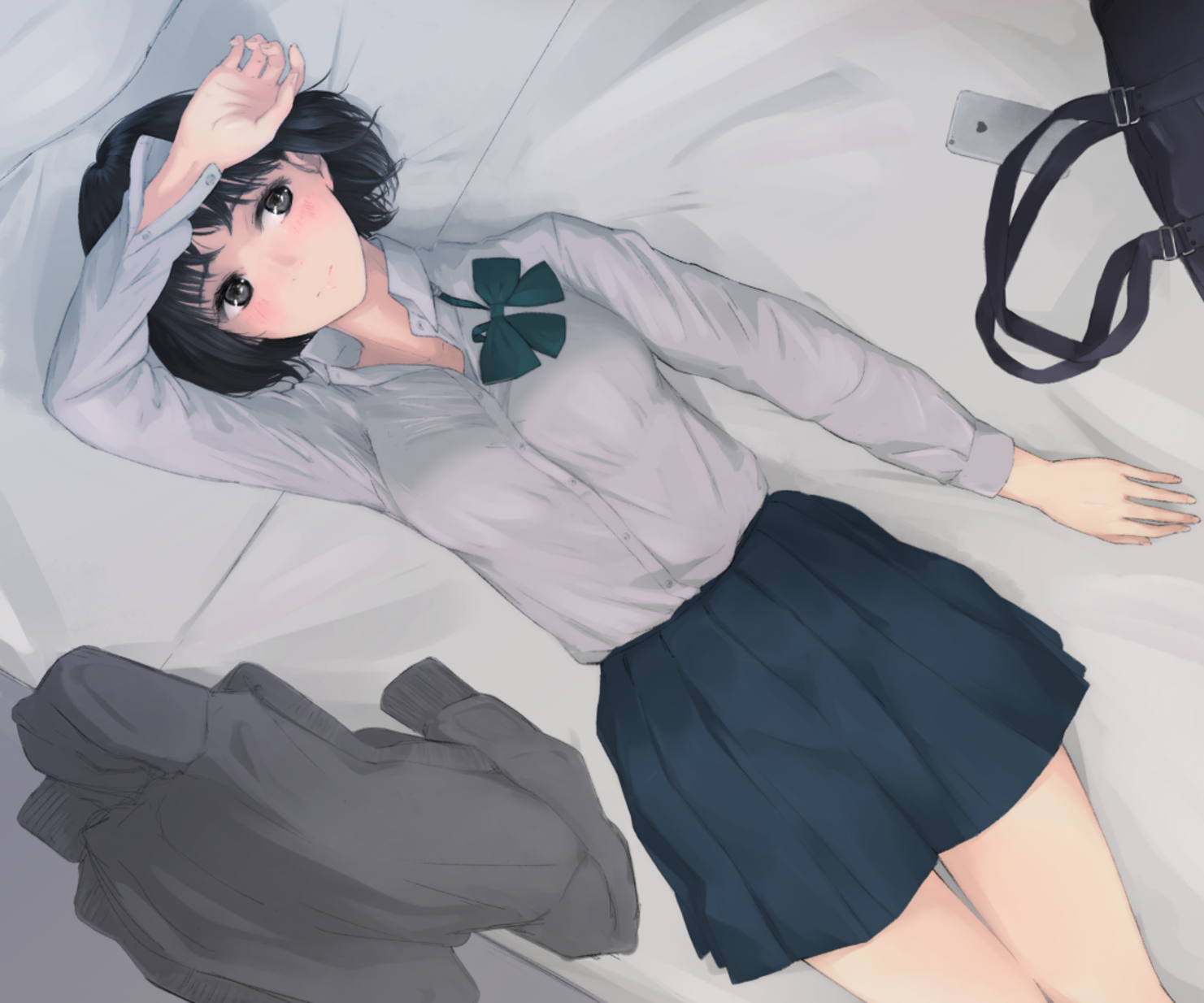 Anime girl with dark hair lying on a bed HD Wallpaper