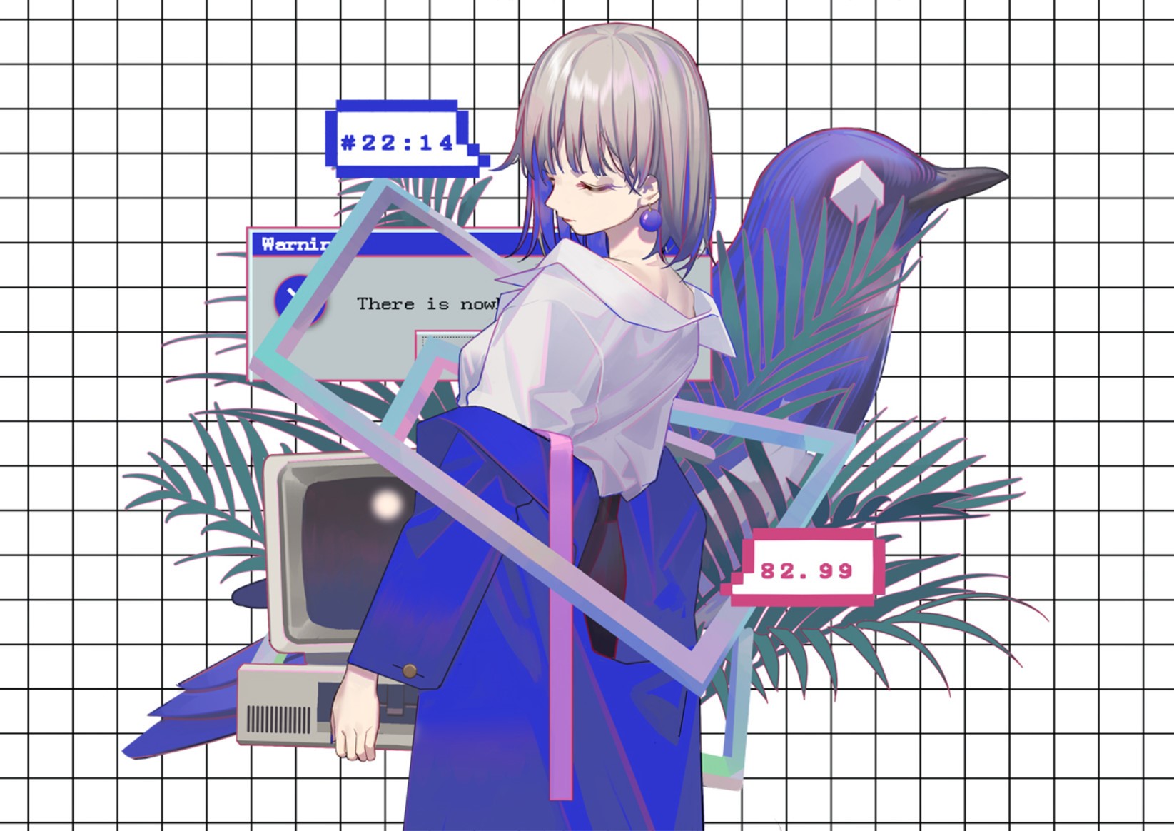 Anime girl with bird and computer elements HD Wallpaper