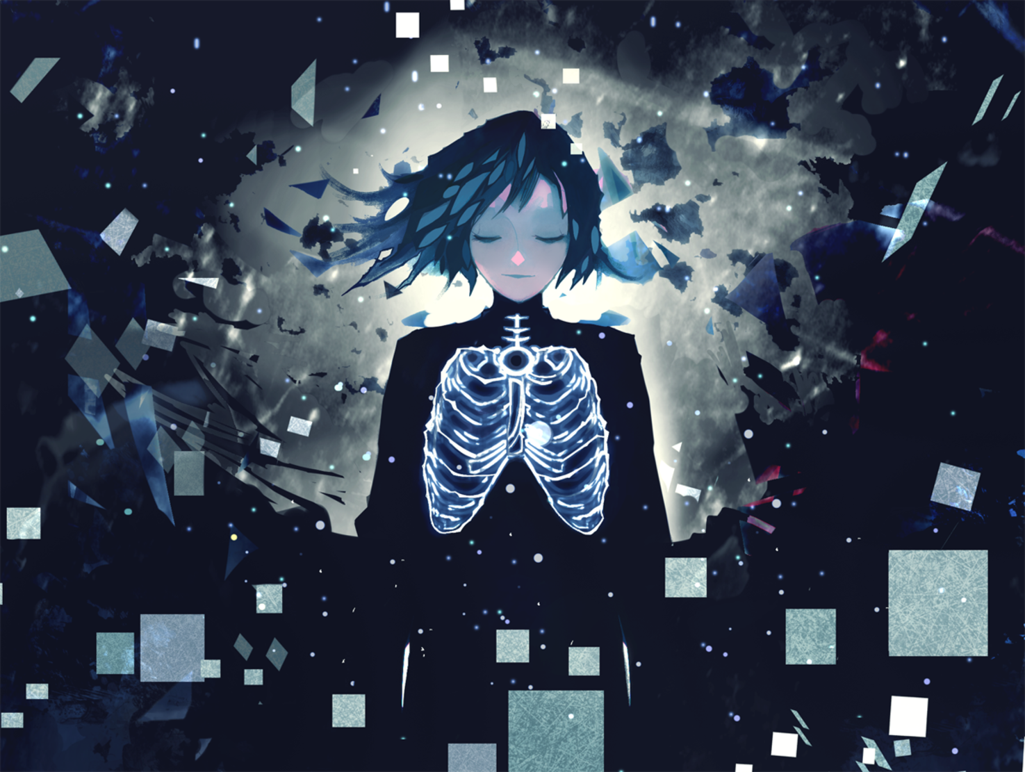 Anime girl with glowing ribcage in abstract space HD Wallpaper