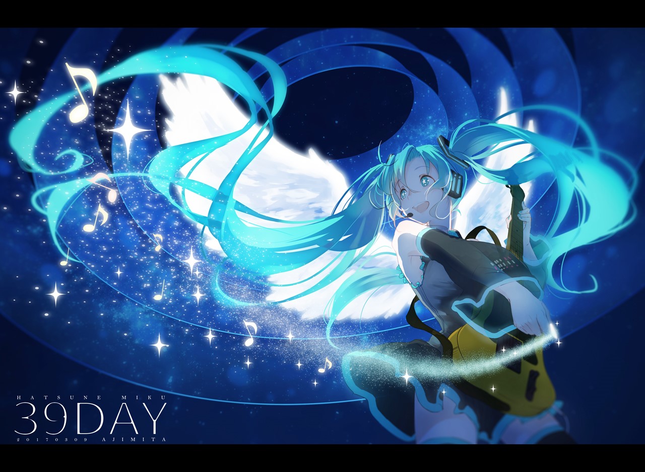 Hatsune Miku from Vocaloid playing guitar HD Wallpaper
