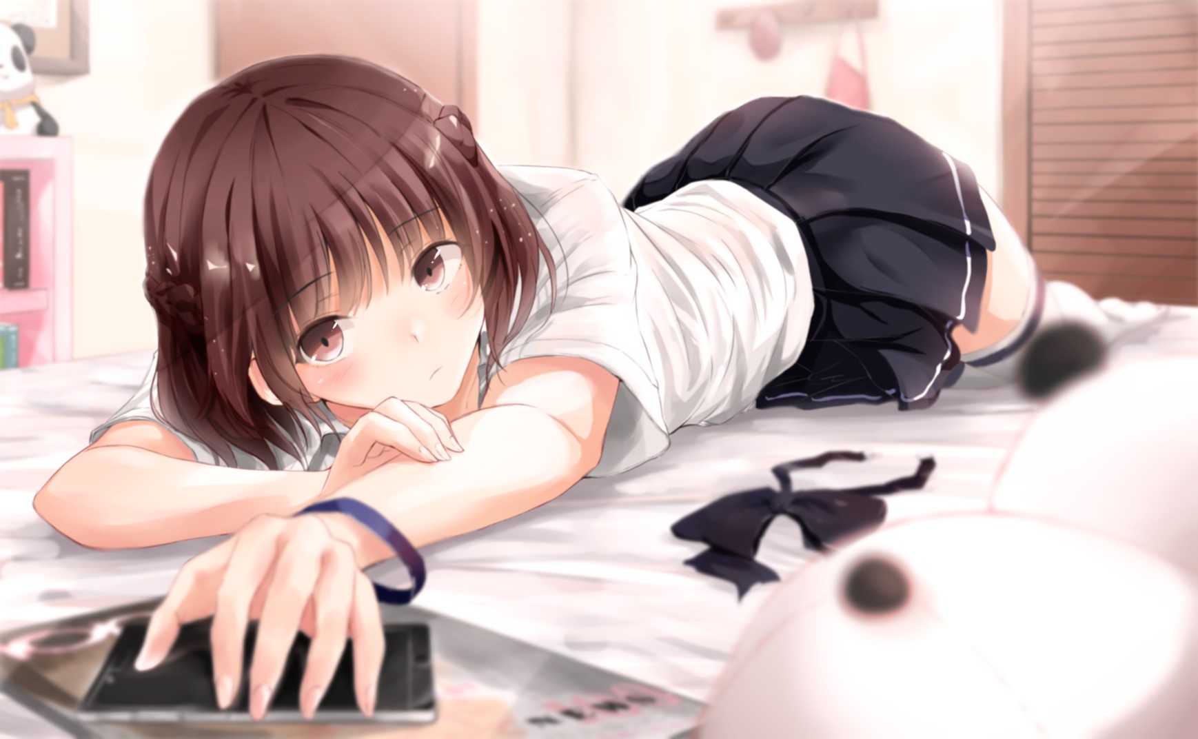 Anime girl lying on bed with phone HD Wallpaper