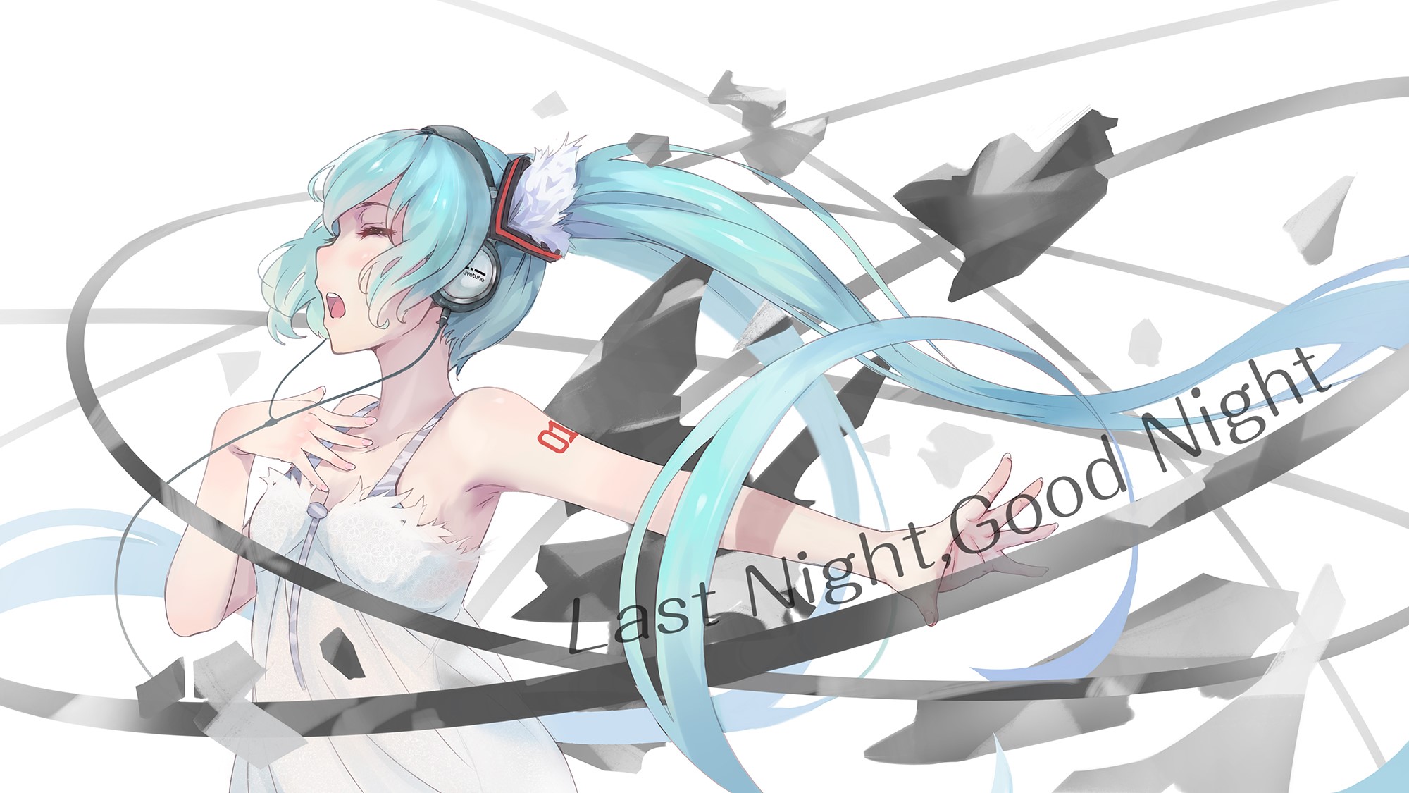 Hatsune Miku singing with headphones and text HD Wallpaper