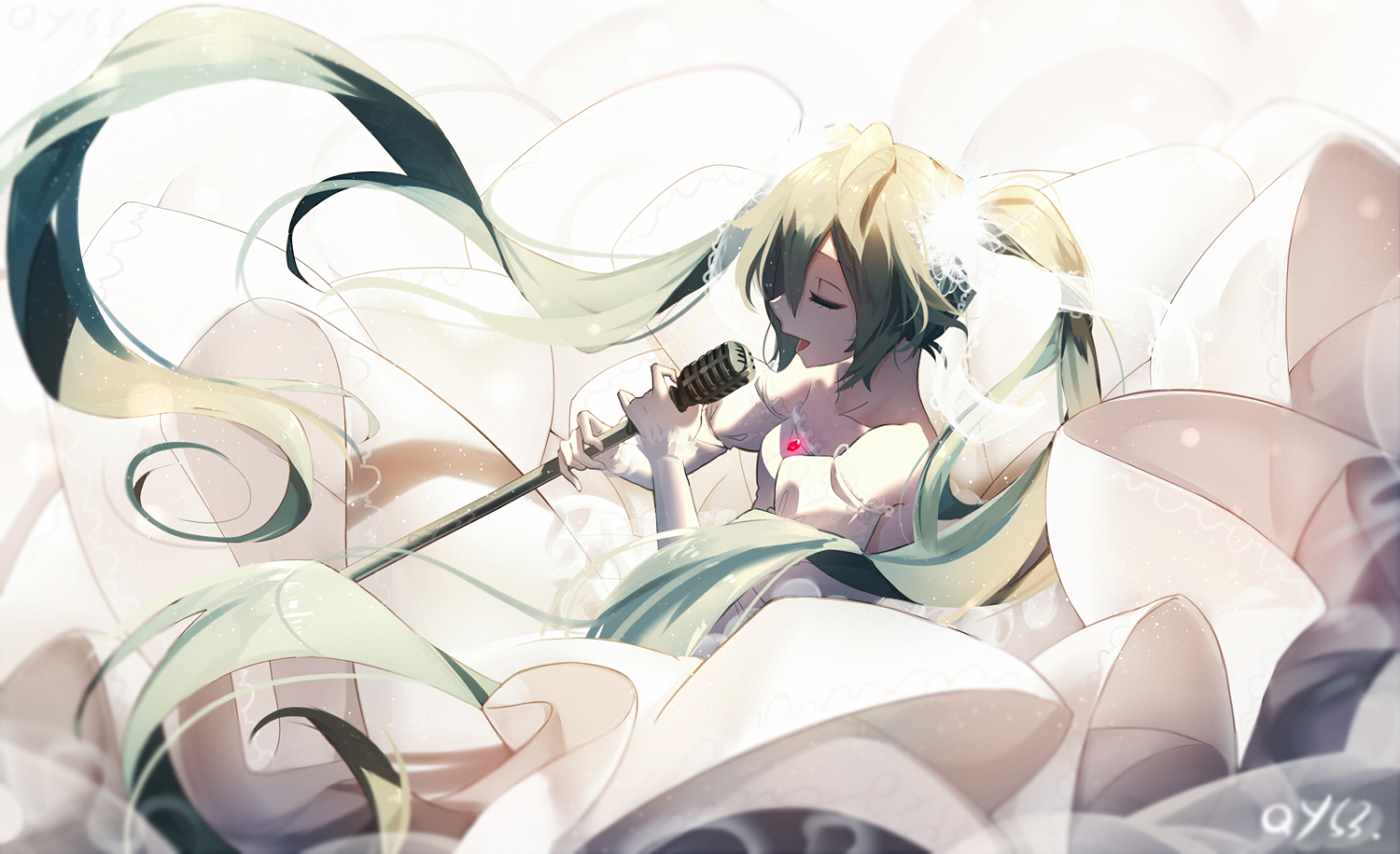 Anime girl singing into a microphone surrounded by white fabric HD Wallpaper