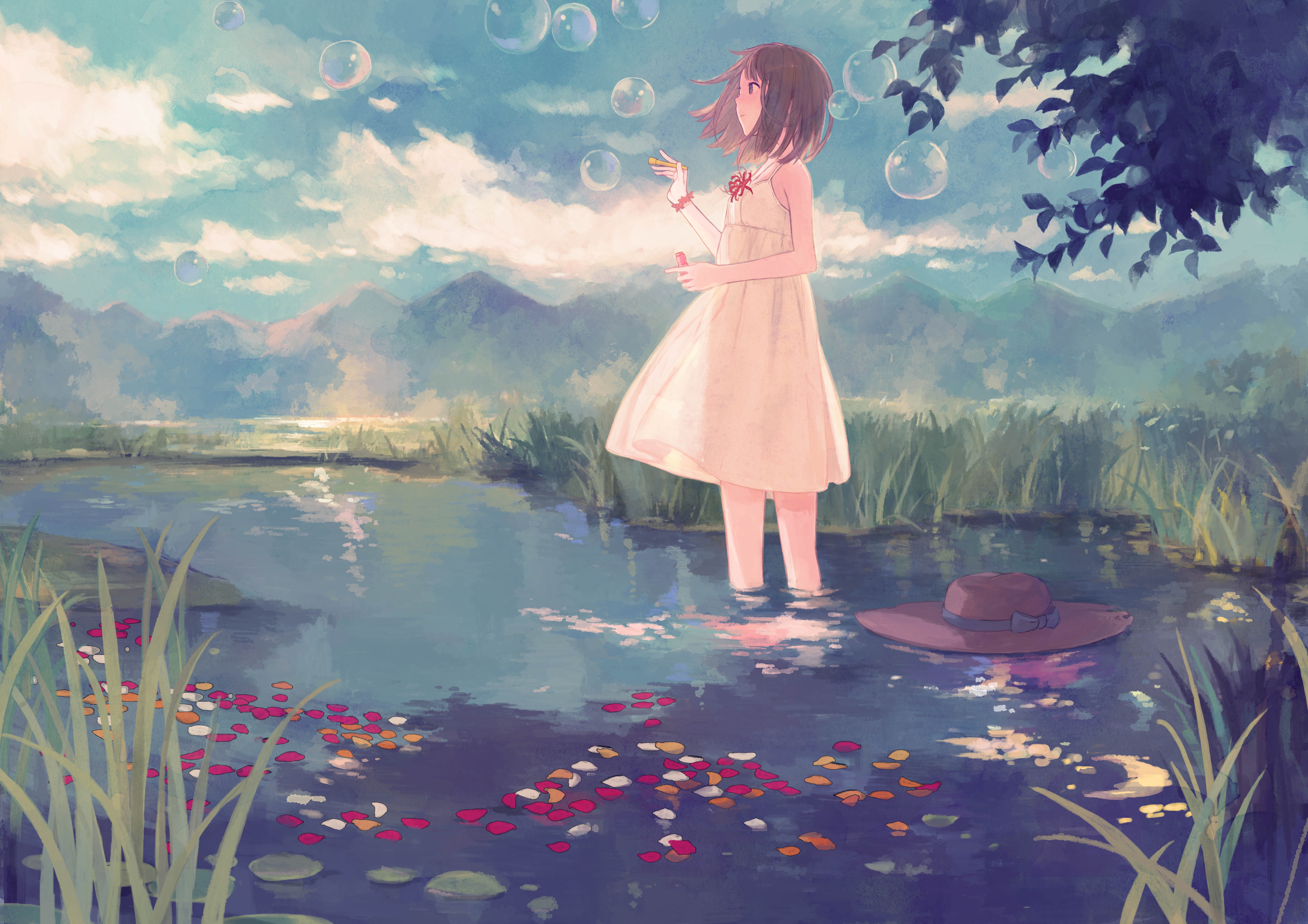 Anime girl blowing bubbles in a lake with mountains HD Wallpaper