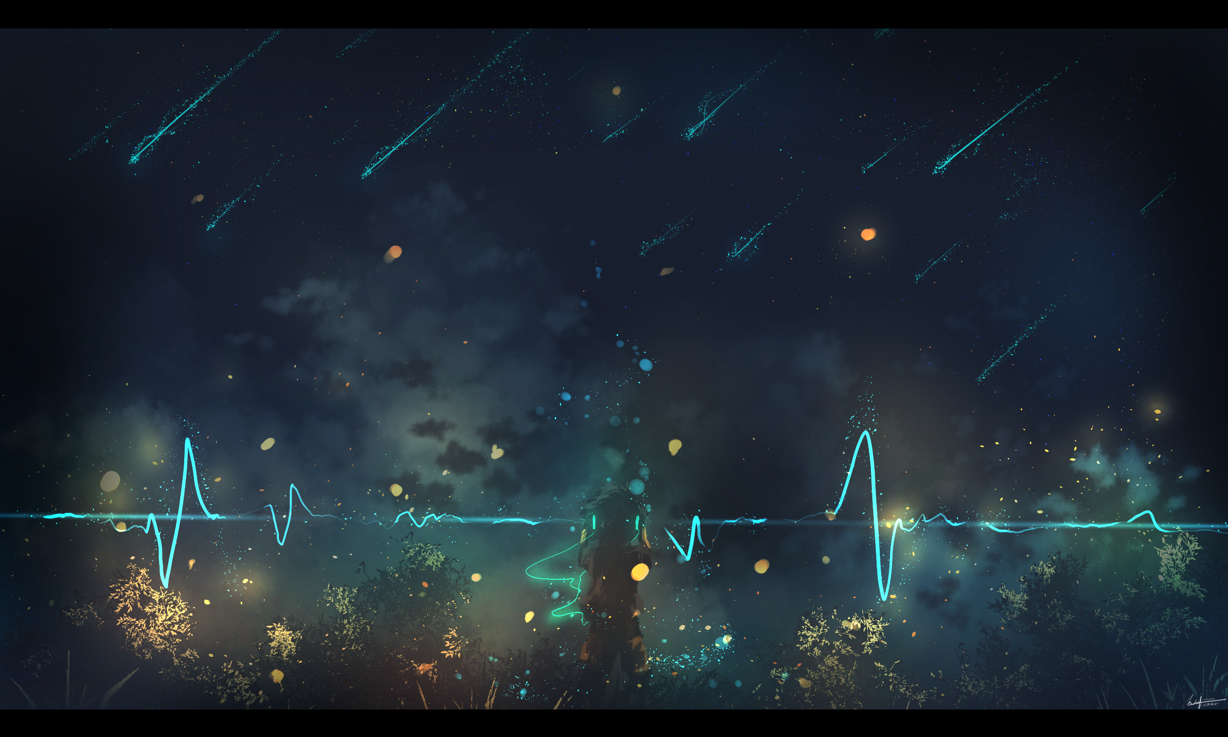 Anime artwork of a person with a cyan heartbeat line HD Wallpaper