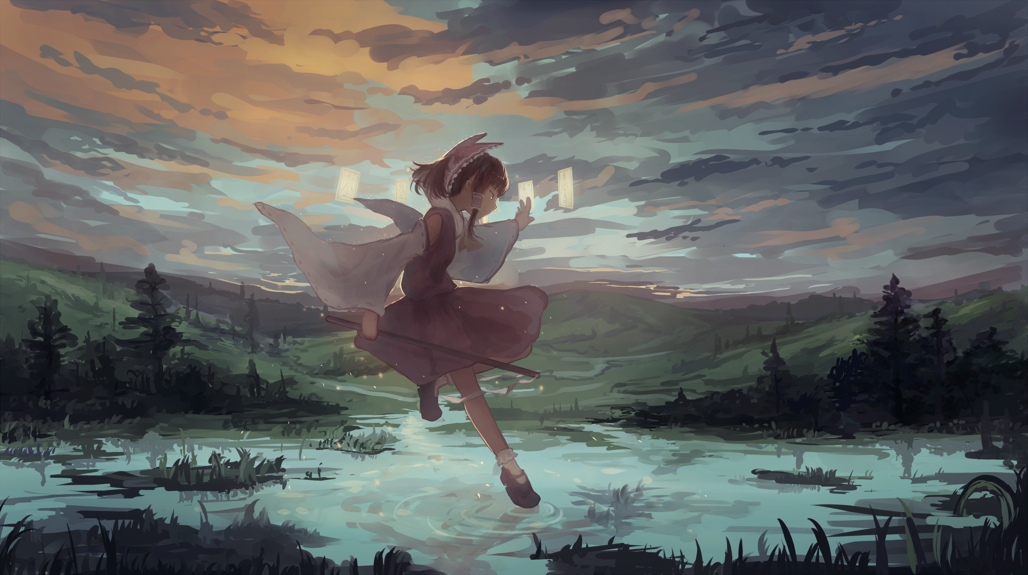 Hakurei Reimu from Touhou flying over a lake at sunset HD Wallpaper