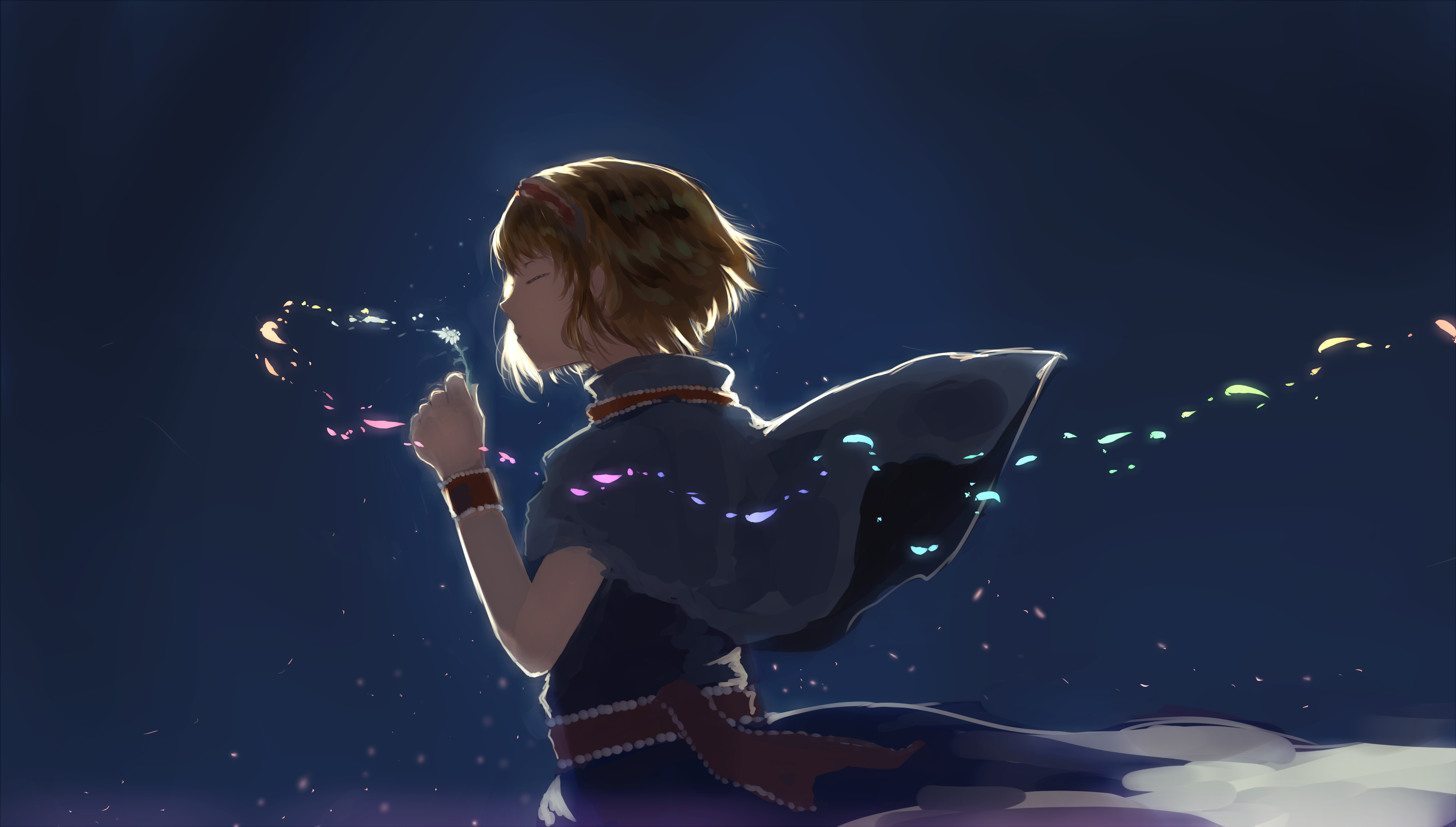 Anime girl with short hair blowing dandelion seeds HD Wallpaper