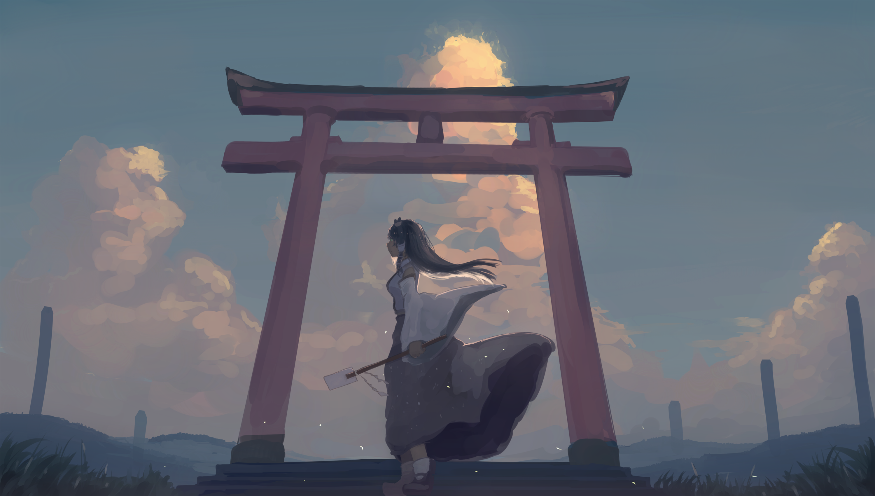 Anime girl with long dark hair standing by a torii gate HD Wallpaper