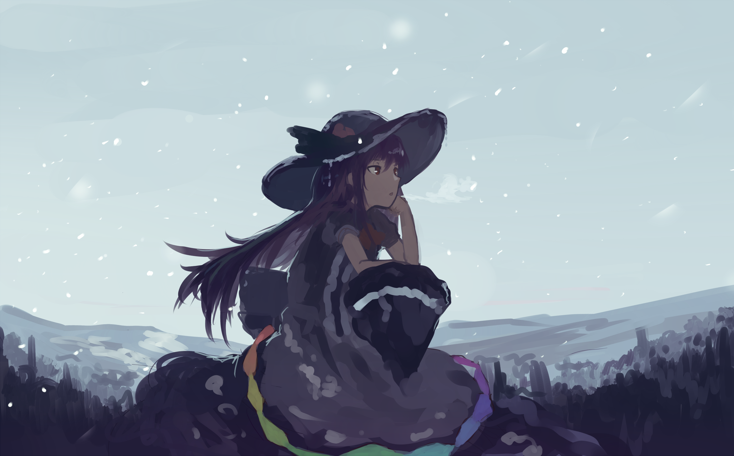 Anime girl with long hair wearing a hat in the snow HD Wallpaper