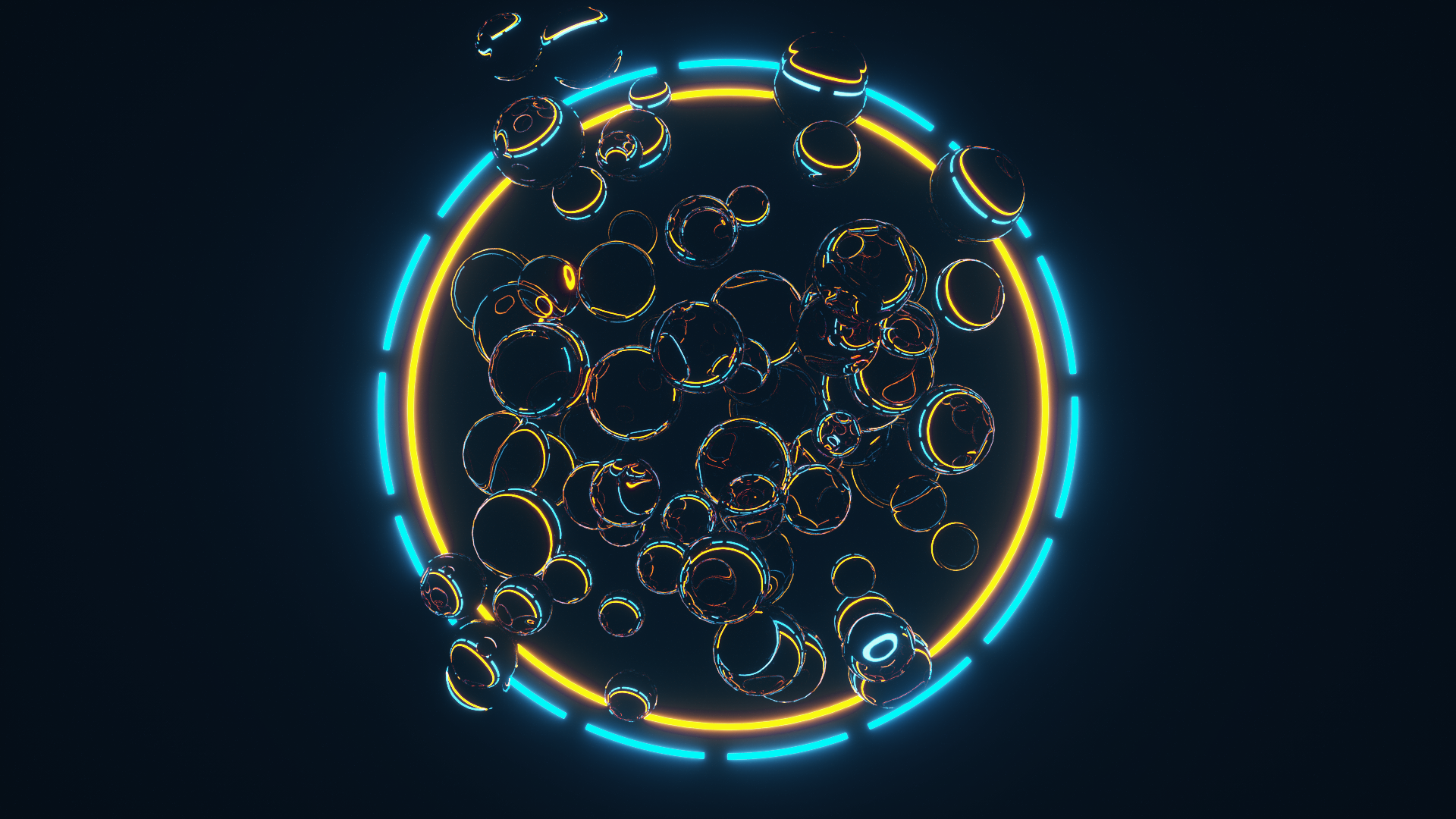 Abstract 3D render of glowing spheres within a neon circle HD Wallpaper
