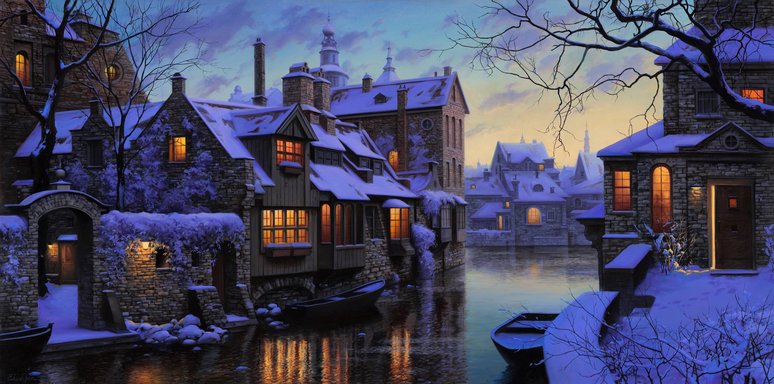 Winter village scene with snow-covered houses and a canal HD Wallpaper