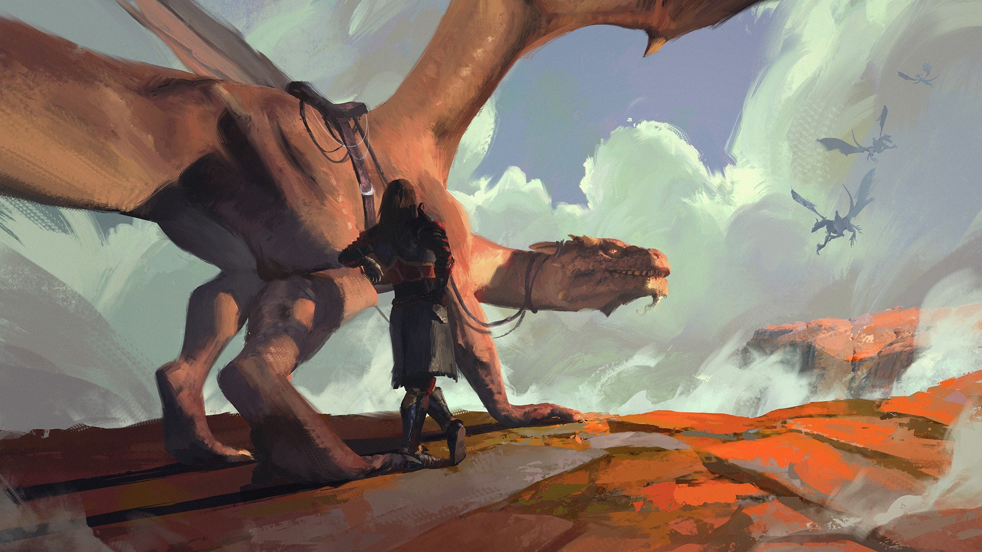 A rider and a dragon with smaller dragons flying HD Wallpaper