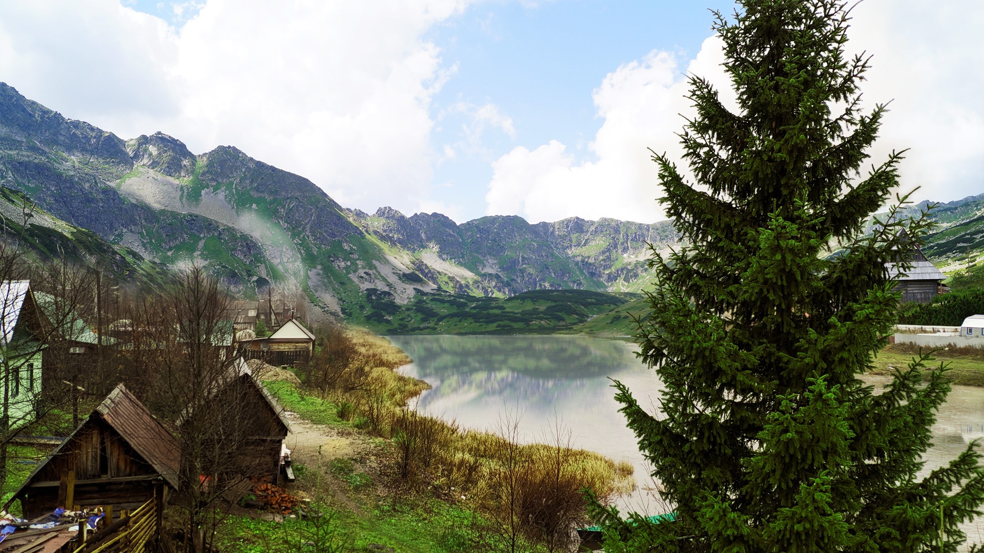 Mountain lake with village and fir tree HD Wallpaper