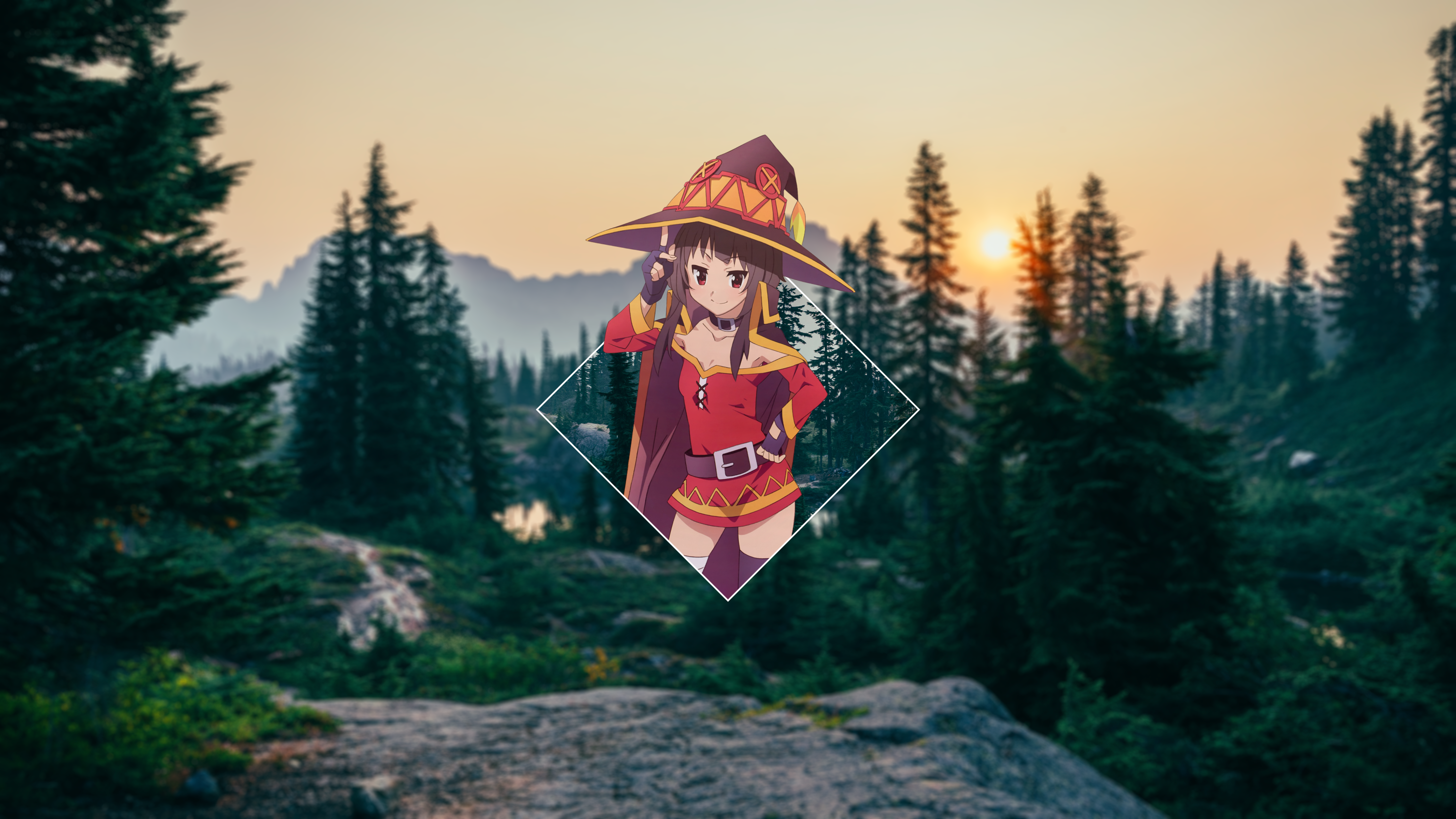 Megumin from KonoSuba in a forest at sunset HD Wallpaper