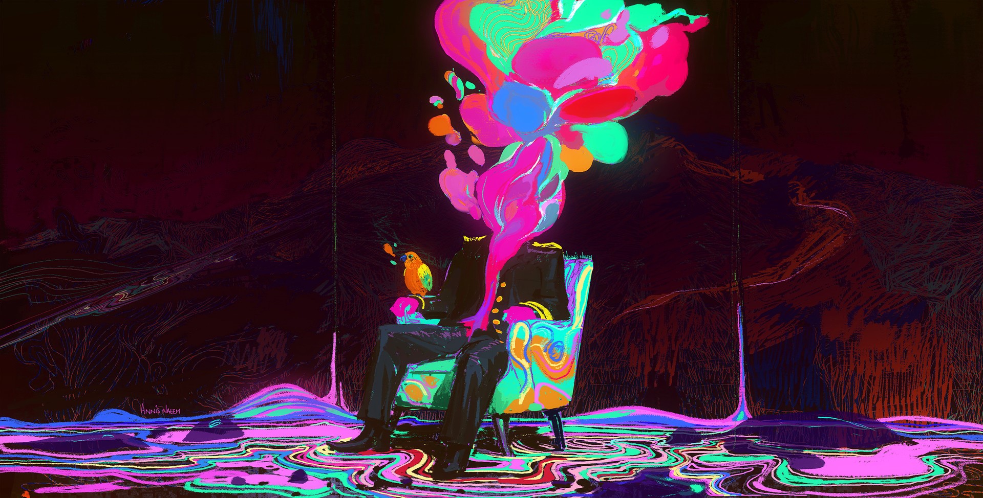 Abstract figure with colorful smoke and a bird HD Wallpaper