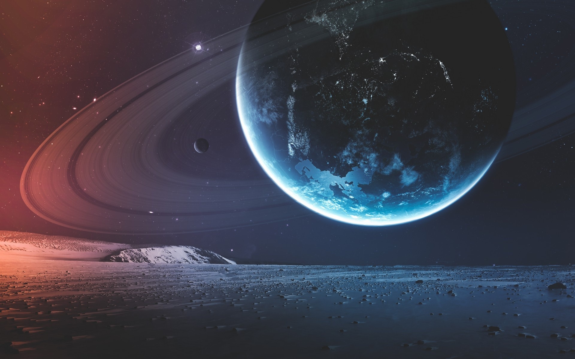 Planet with rings and moons in space HD Wallpaper