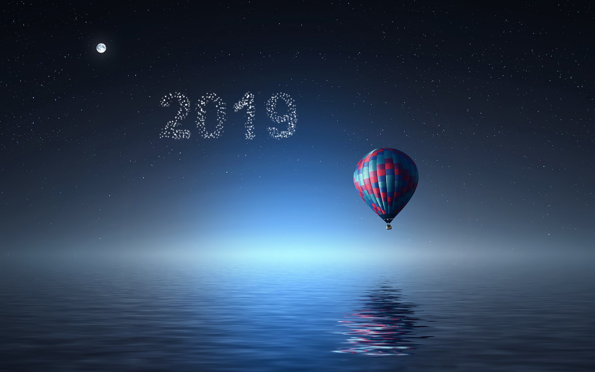 Hot air balloon under 2019 stars over water HD Wallpaper