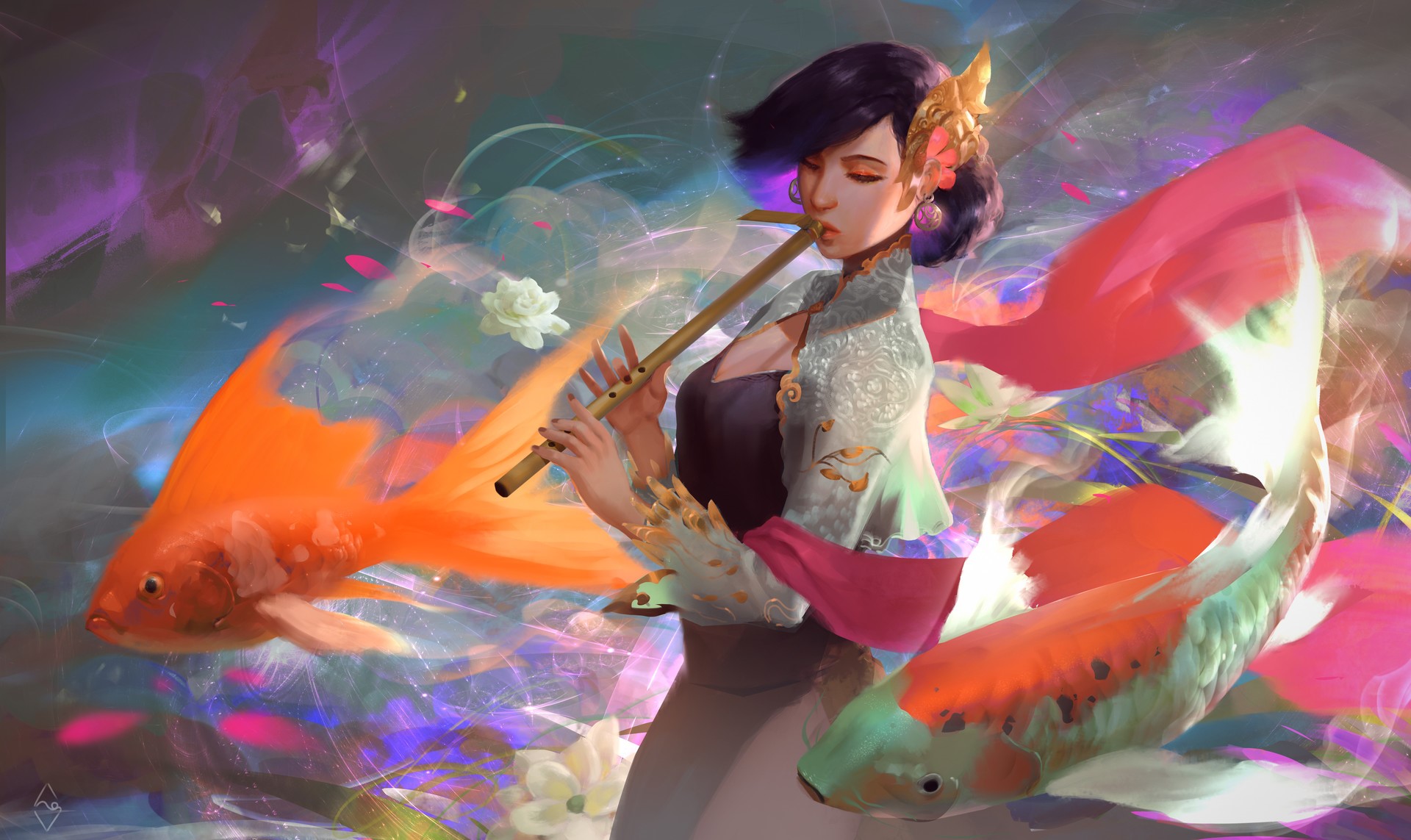 Woman playing flute with koi fish and flowers HD Wallpaper