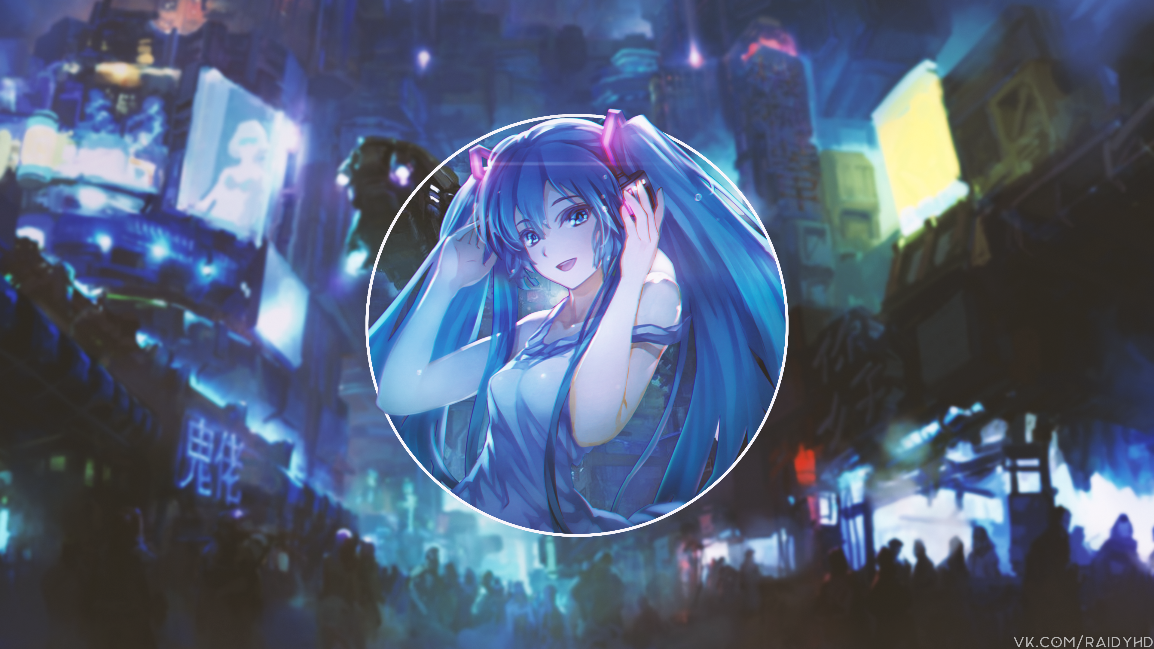 Anime girl with headphones in a futuristic city HD Wallpaper