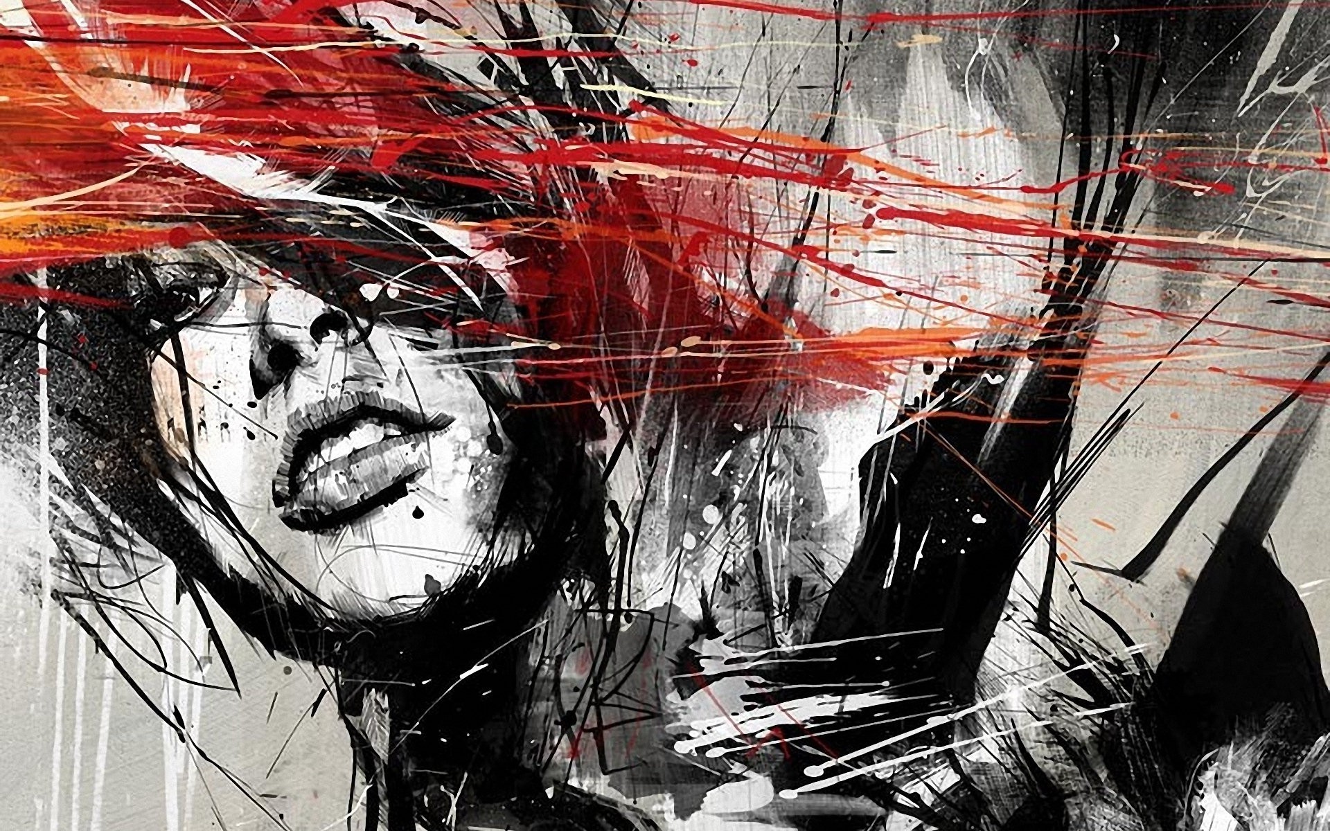 Abstract artwork of a face with red and black splashes HD Wallpaper