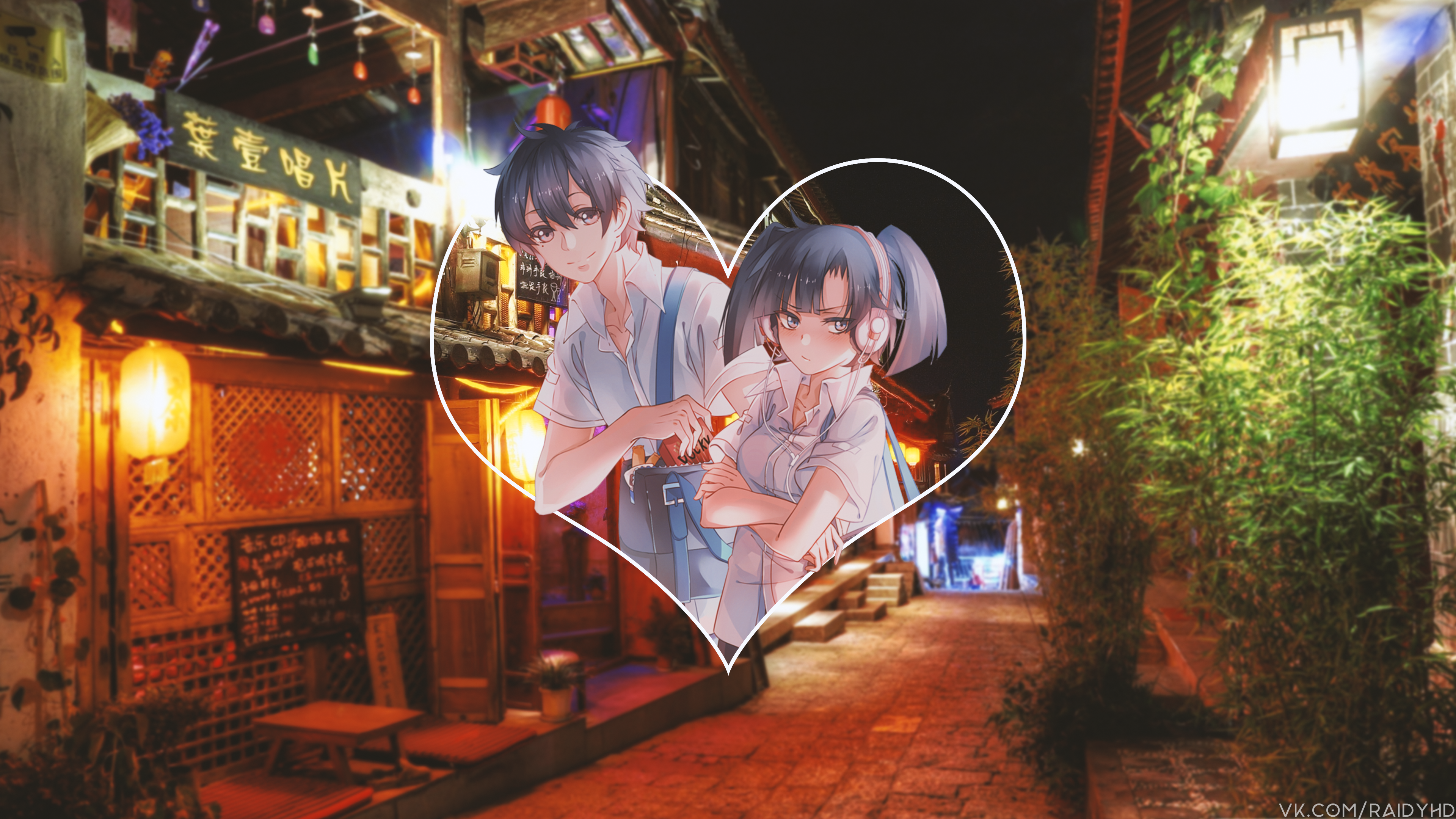 Anime couple in a heart frame at night HD Wallpaper