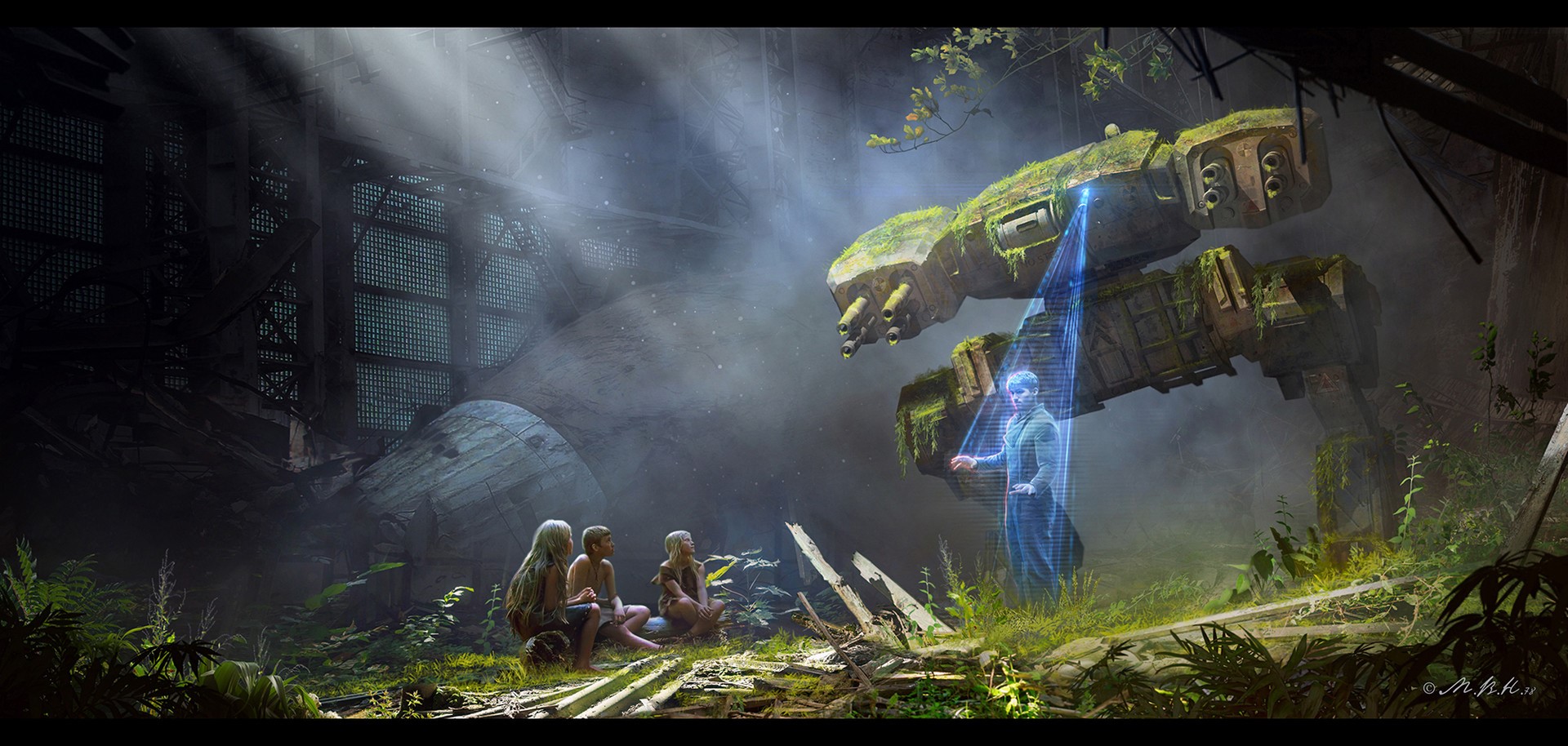 Hologram projection in overgrown ruins with mech HD Wallpaper