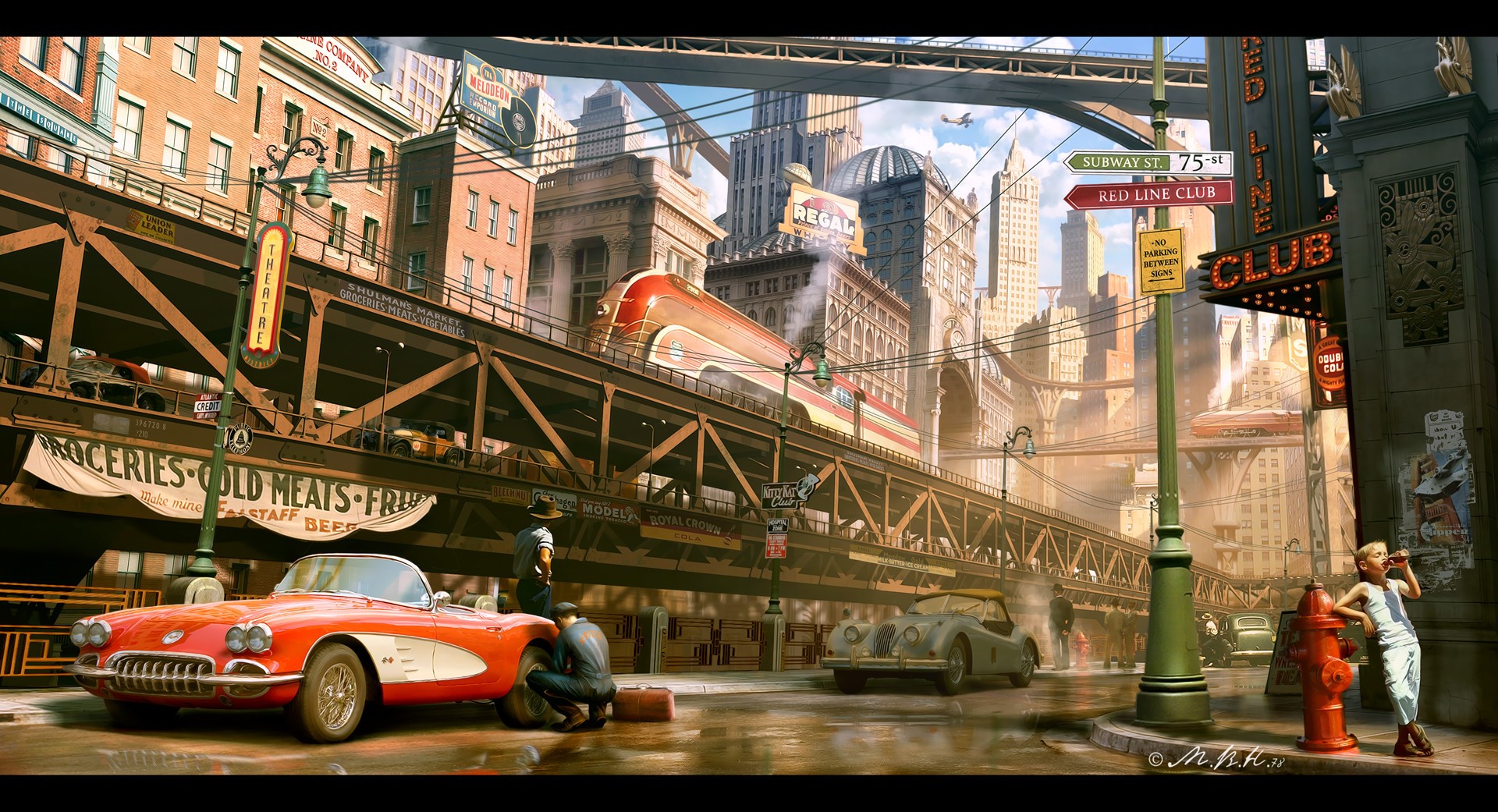 Retro Cityscape with Train and Cars by Vladimir Manyukhin HD Wallpaper