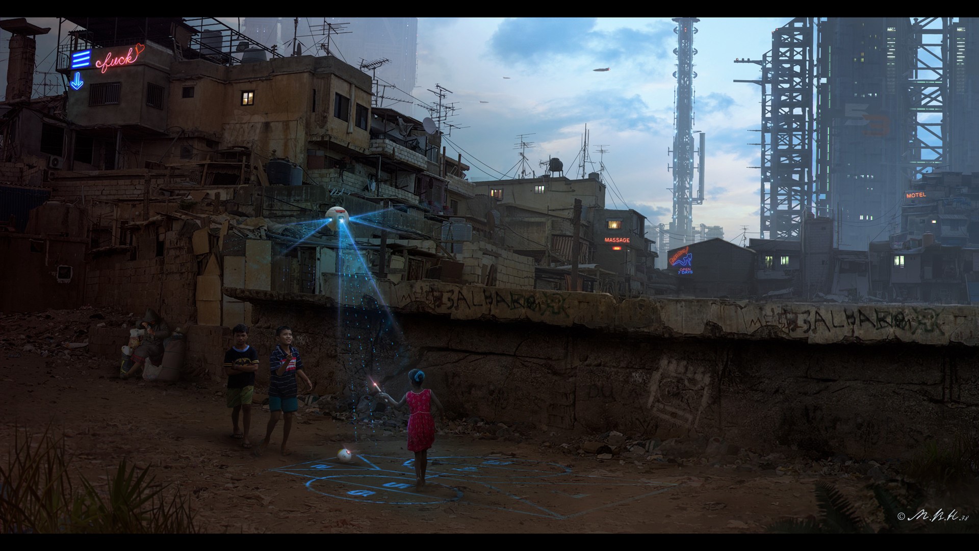 Futuristic slum with children playing and a hologram HD Wallpaper
